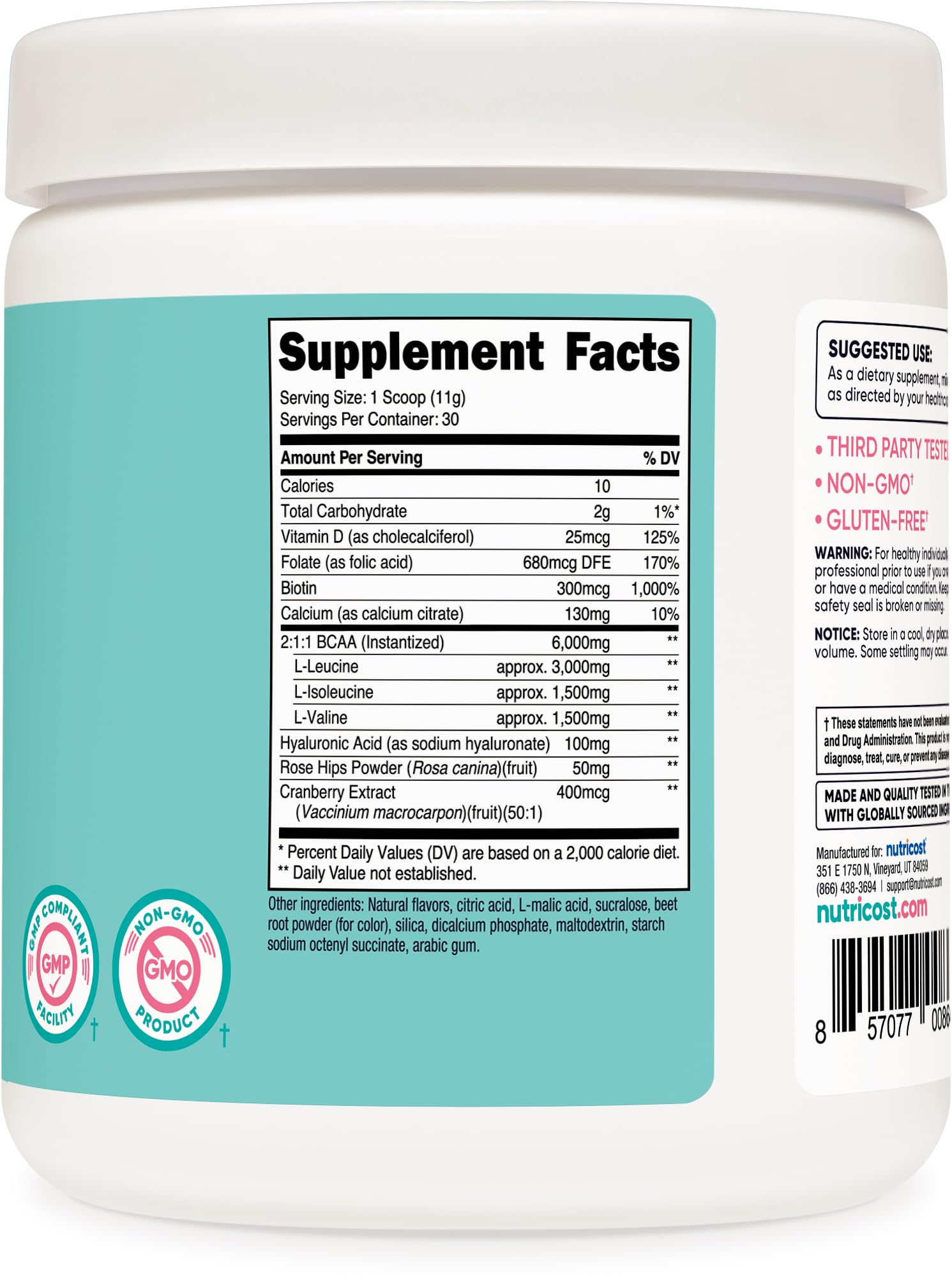 Étiquette Nutricost BCAA – informations sans gluten et qualité vérifiée