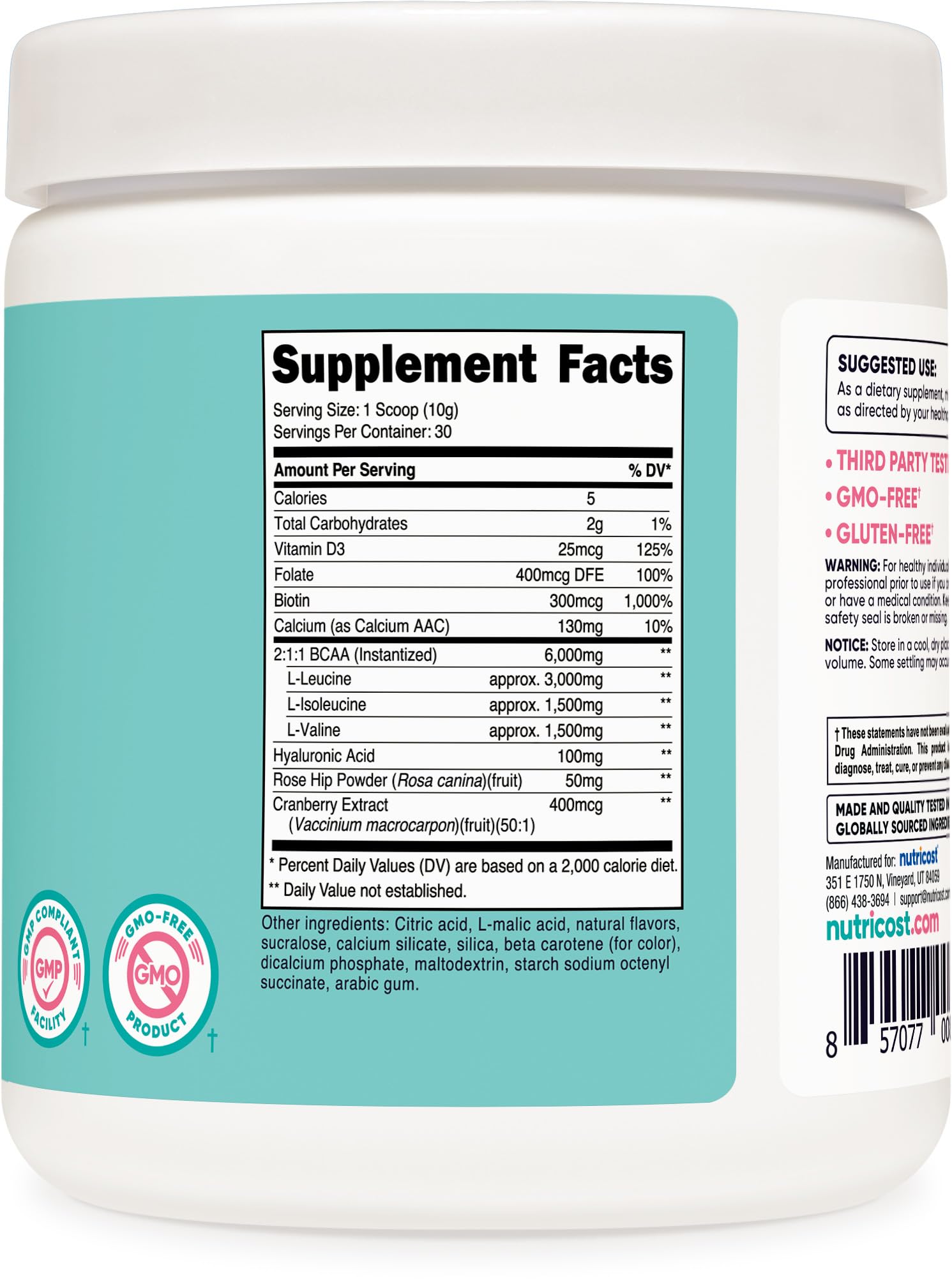 Étiquette Nutricost BCAA Femmes Peach Mango sans gluten et sans OGM