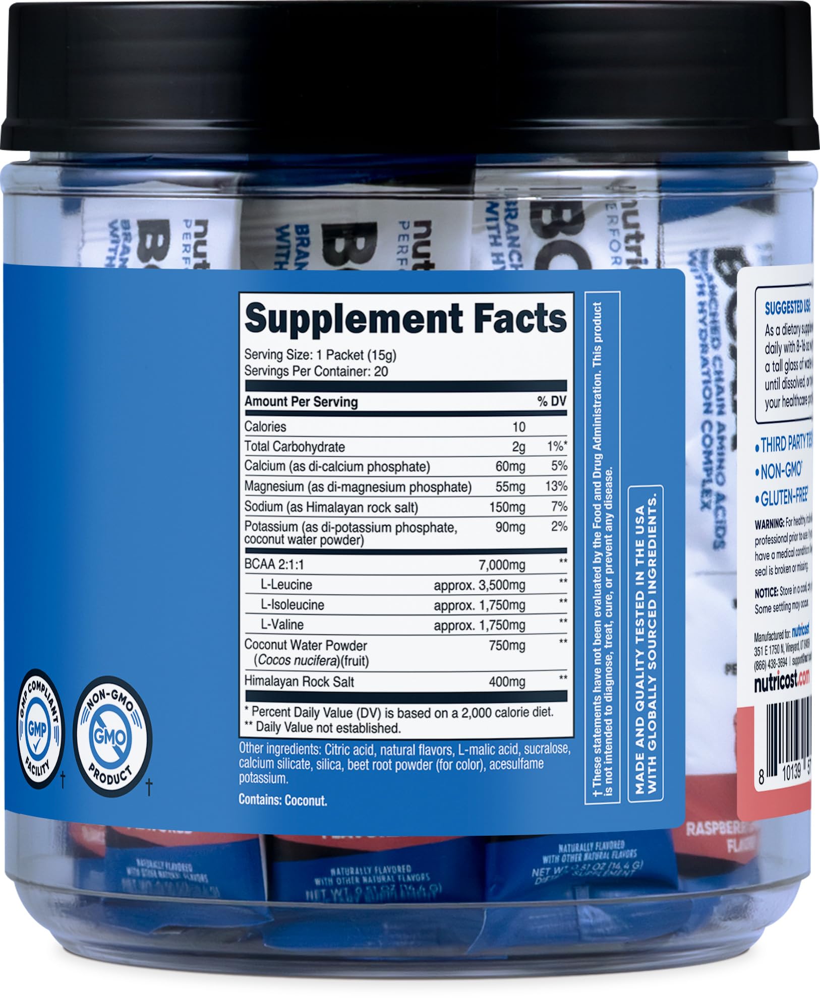 Nutricost BCAA+ Hydration 20 portions goût framboise citron.