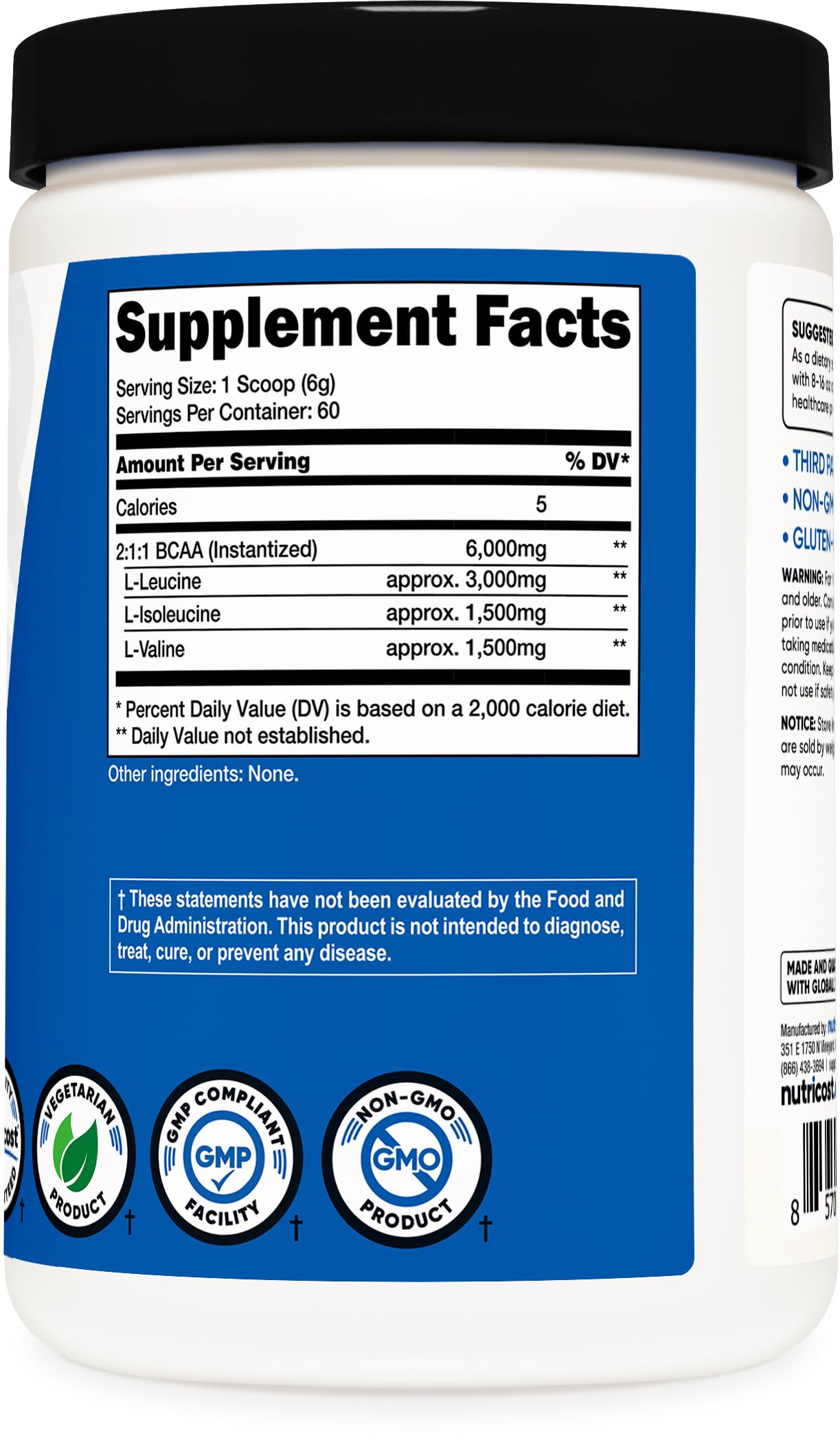 Étiquette Nutricost BCAA, sans OGM et sans gluten, traçabilité et sécurité