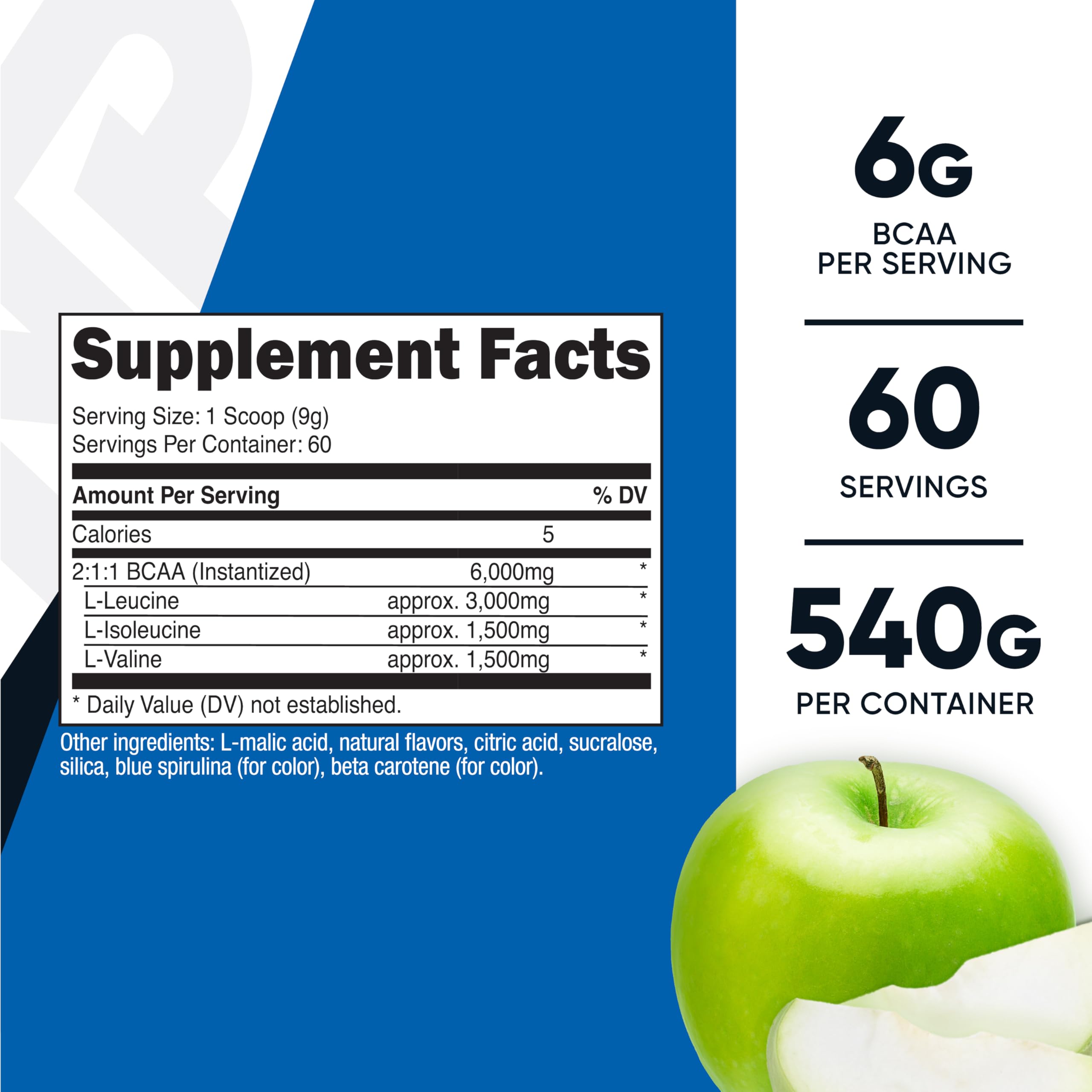 Étiquette Nutricost BCAA, saveur Pomme Verte, goût rafraîchissant