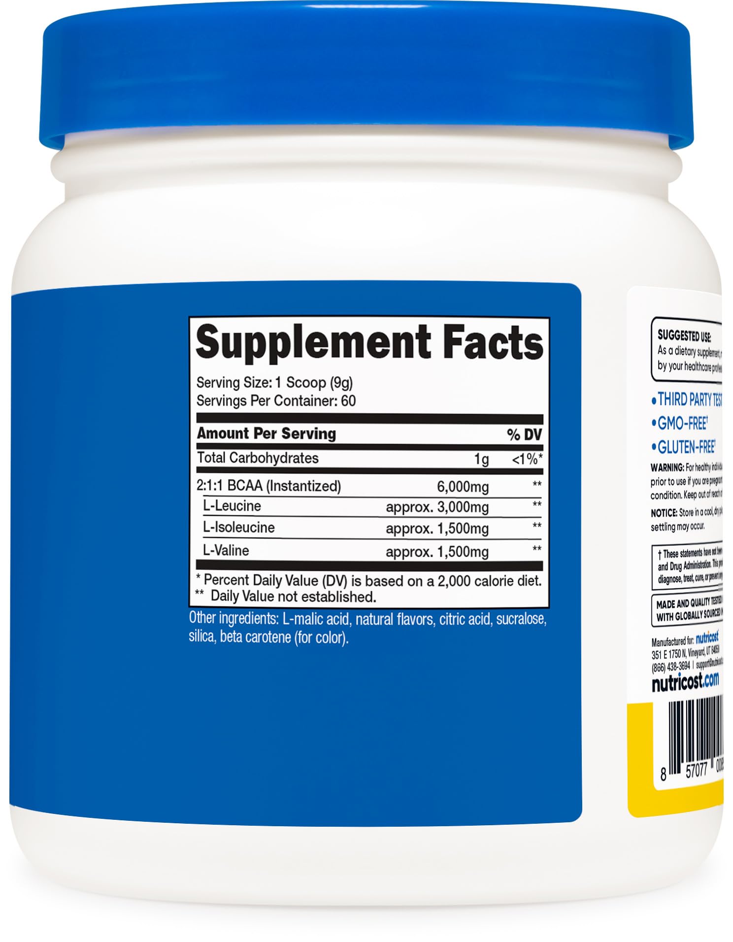 Nutricost BCAA Poudre Ananas - Étiquette lisible garantissant traçabilité et qualité.