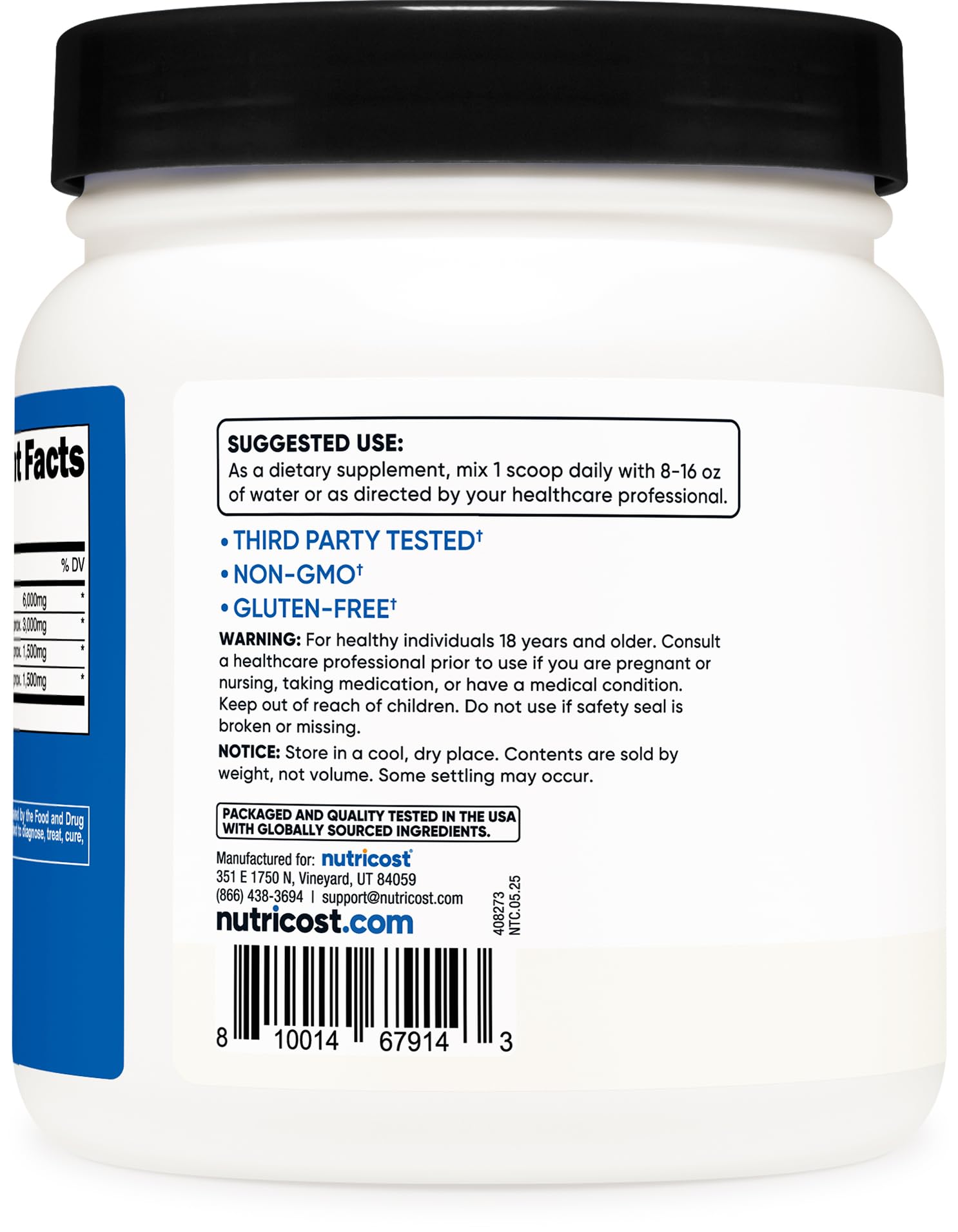 Nutricost BCAA poudre; étiquette claire et informative sur le produit.