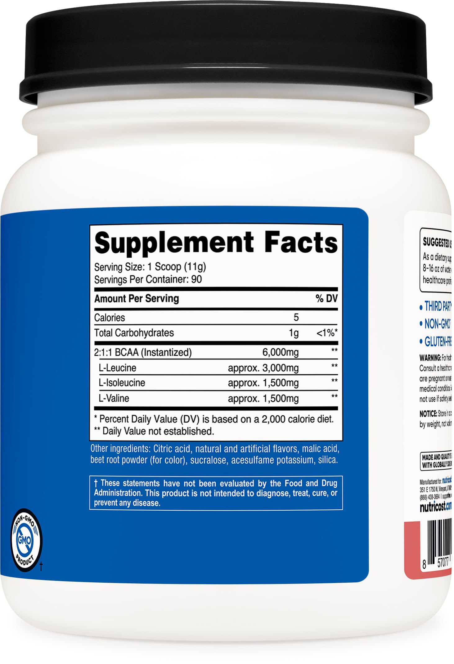 Nutricost BCAA Poudre Étiquette claire offrant informations produit et conseils d'utilisation