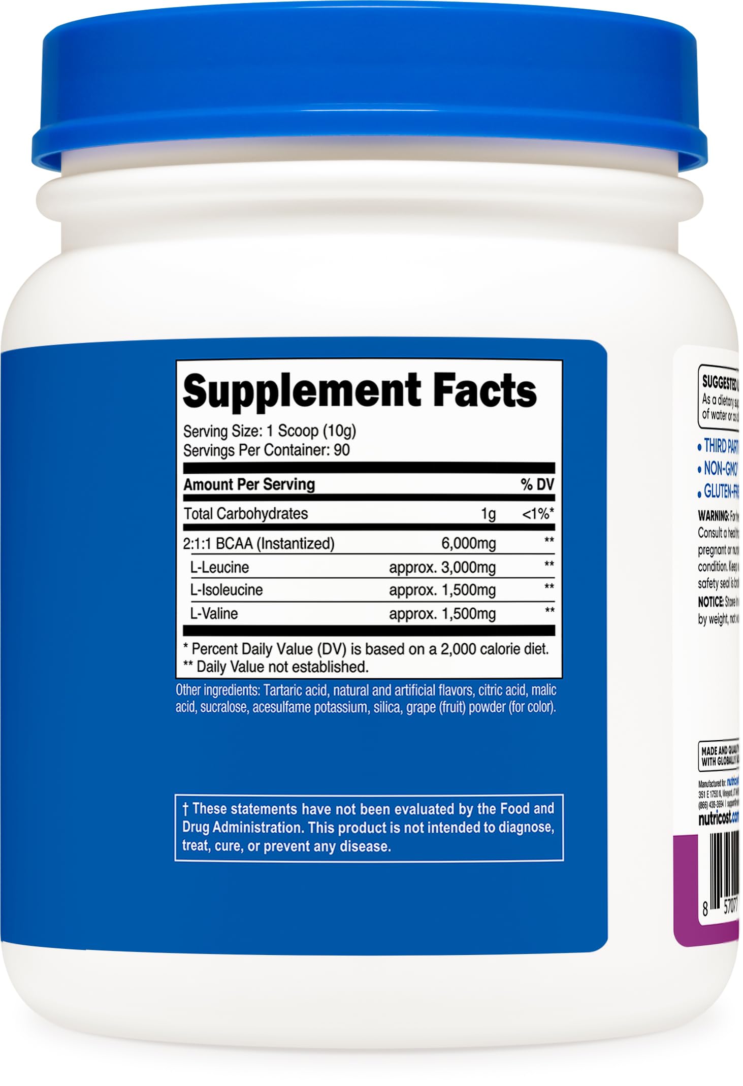 Nutricost BCAA Poudre Étiquette claire montrant les ingrédients non-OGM et sans gluten.