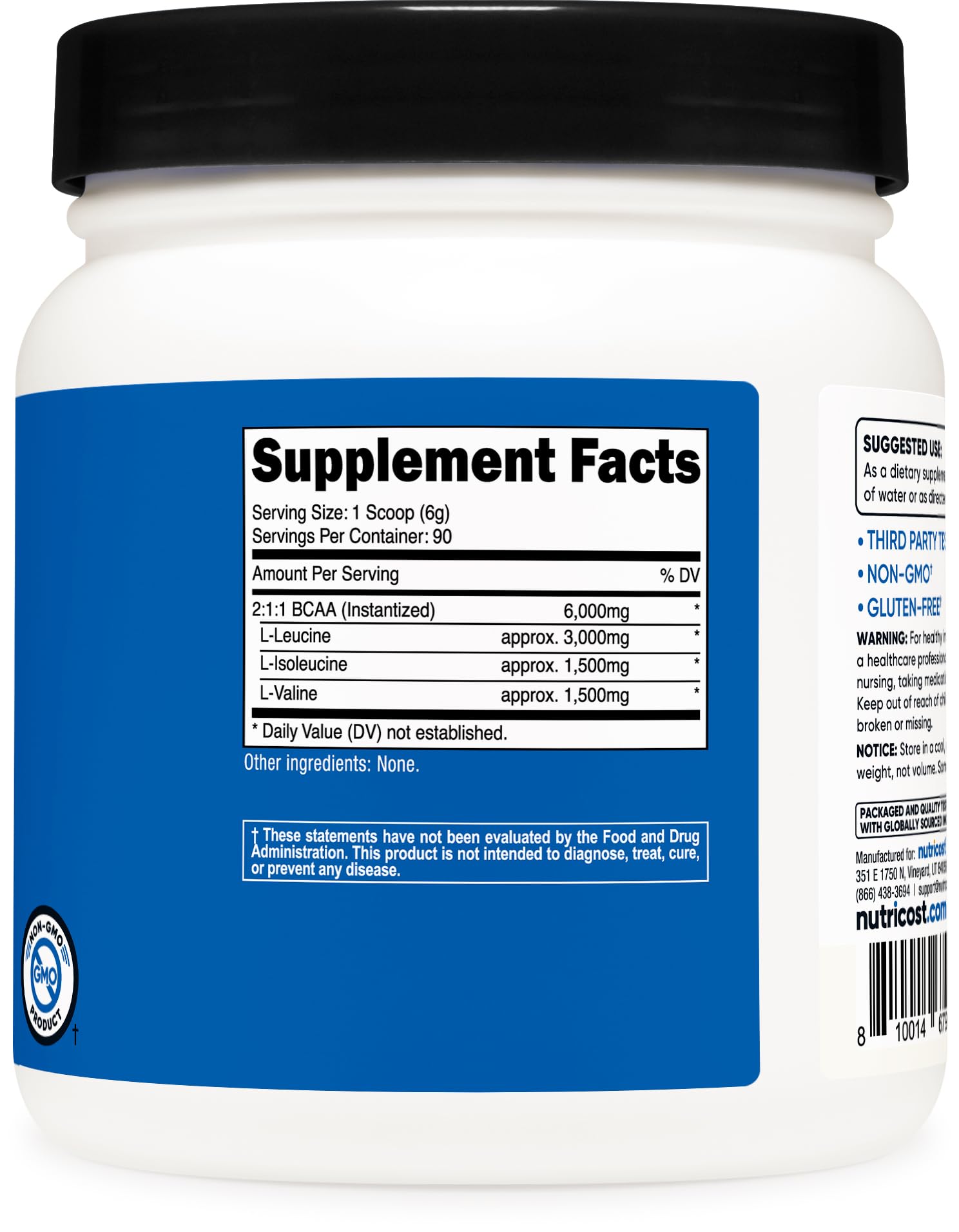 Nutricost BCAA poudre; mélange neutre dans l’eau pour l’entraînement.