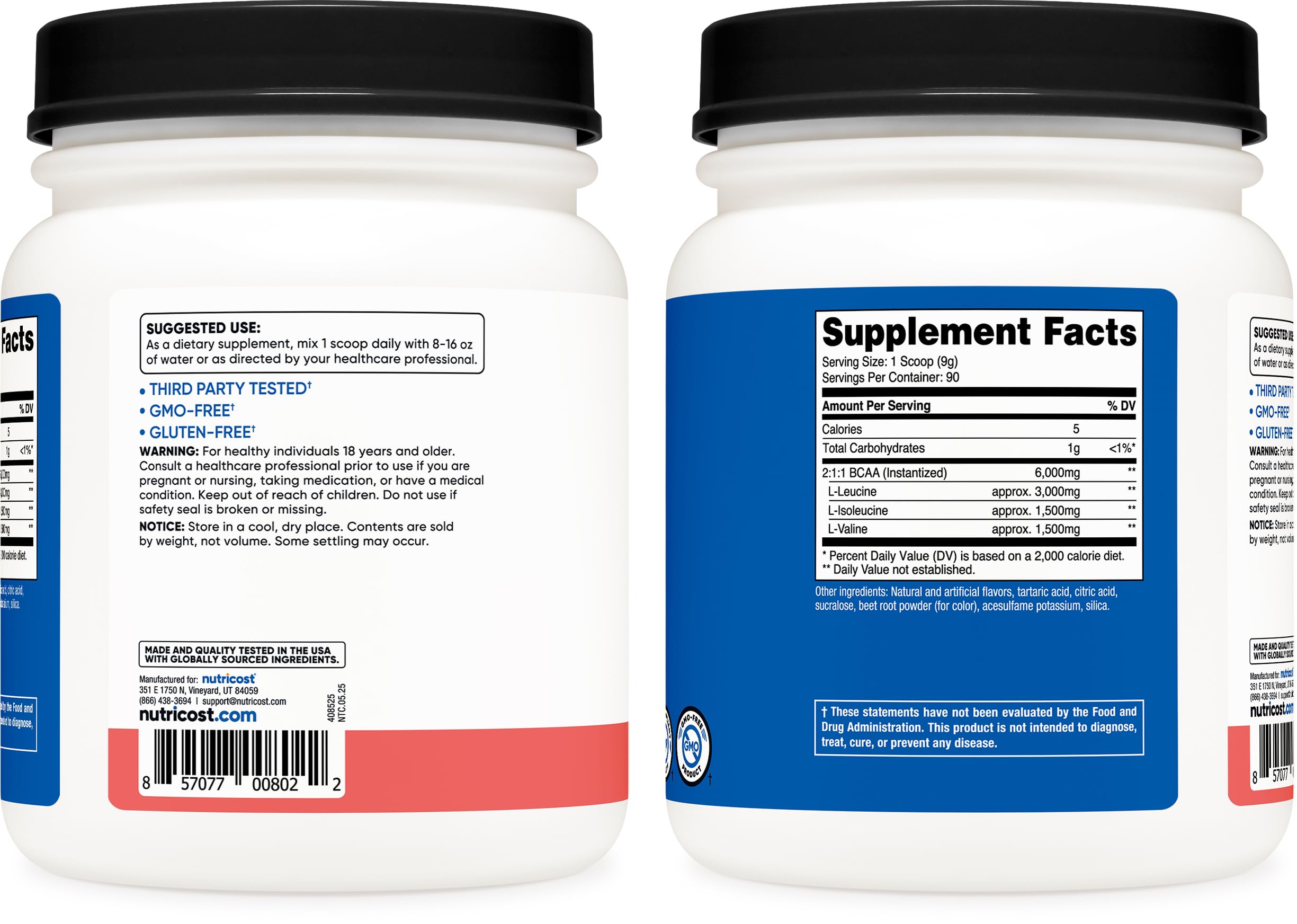Nutricost BCAA pasteque 90serv, option aromatisée ou naturelle sans arômes ajoutés