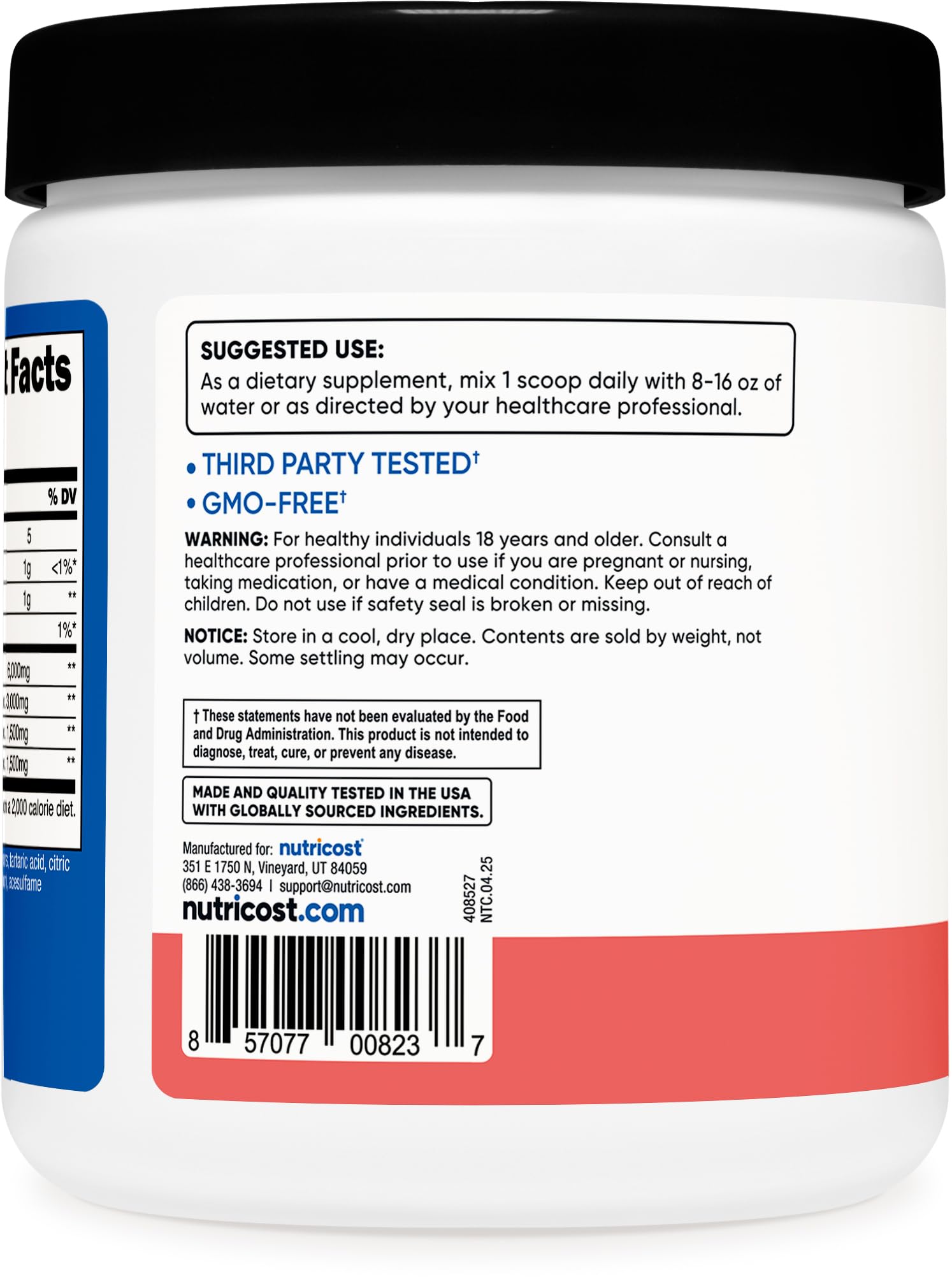 Nutricost BCAA Poudre Pastèque : emballage clair, étiquette lisible et pratique.