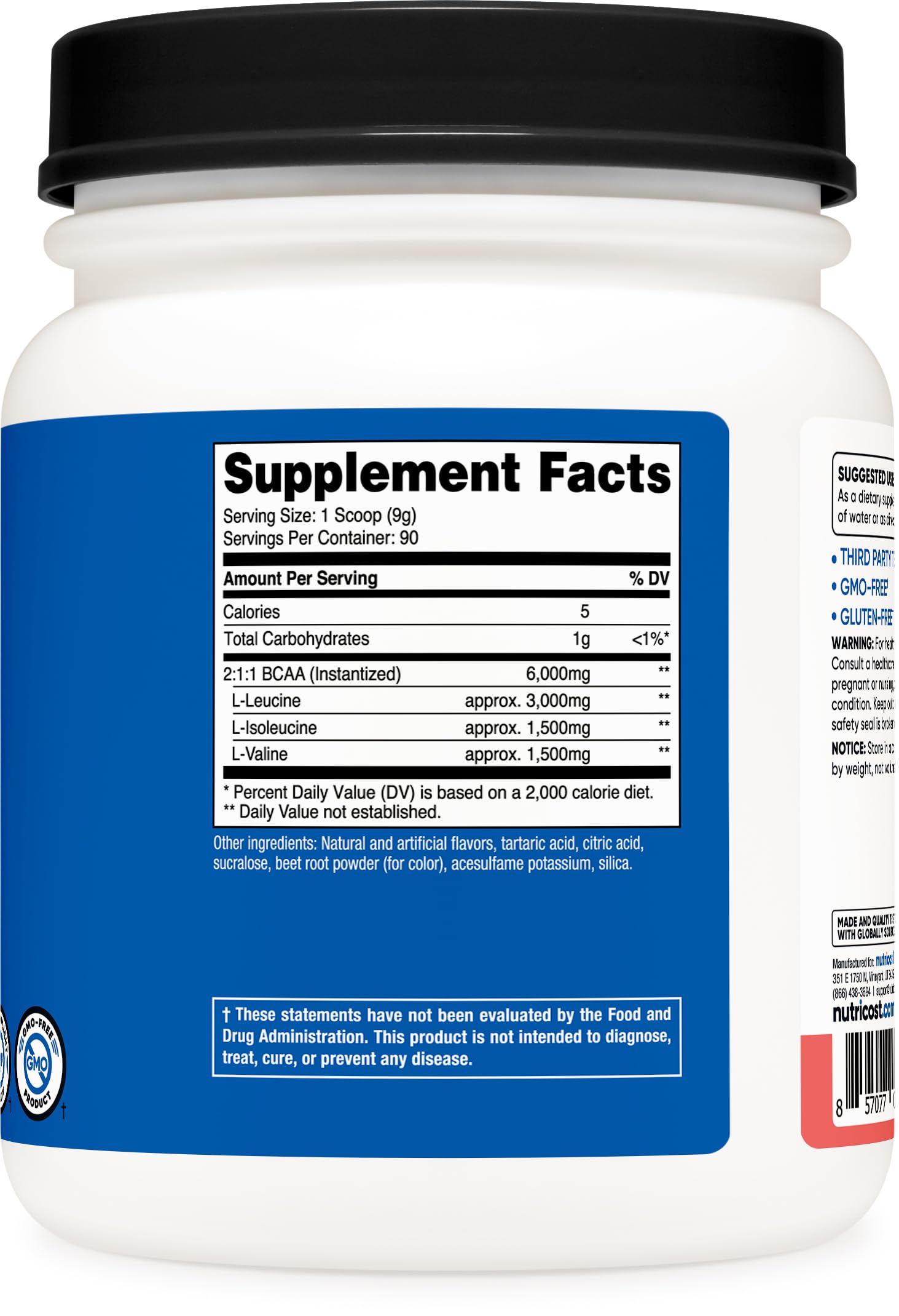 Nutricost BCAA pasteque 90serv, flacon pratique et goût agréable
