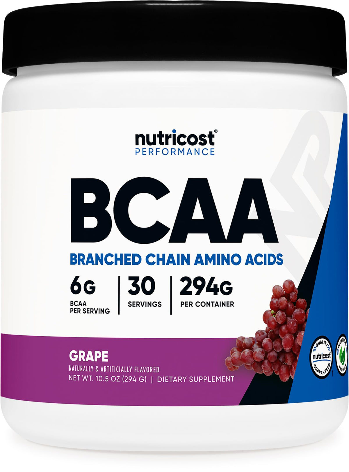 Nutricost BCAA Poudre raisin bouteille, idéal pour supporter l'énergie pendant l'entraînement.