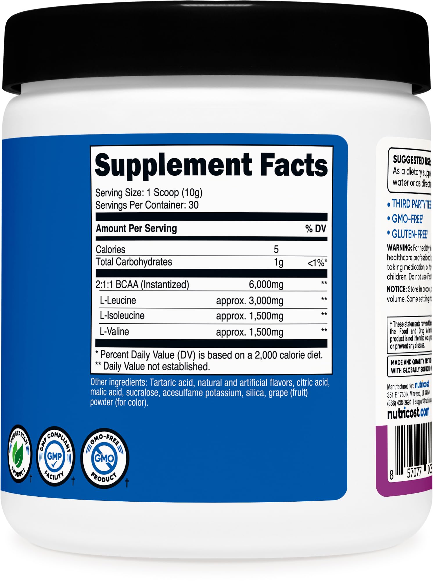 Nutricost BCAA Poudre testée en laboratoires ISO, pureté et conformité vérifiées.
