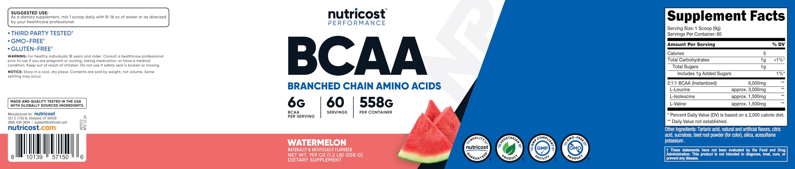 Nutricost Poudre BCAA Pastèque – arôme et saveur naturel pour usage quotidien