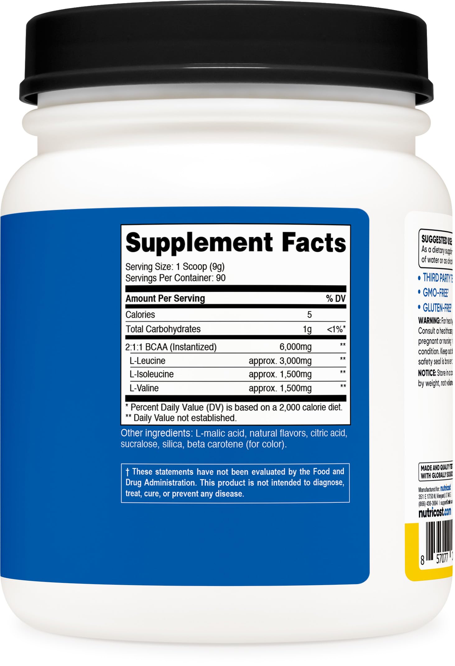 Nutricost BCAA en poudre Ananas — étiquette certifications garantit le contrôle qualité.