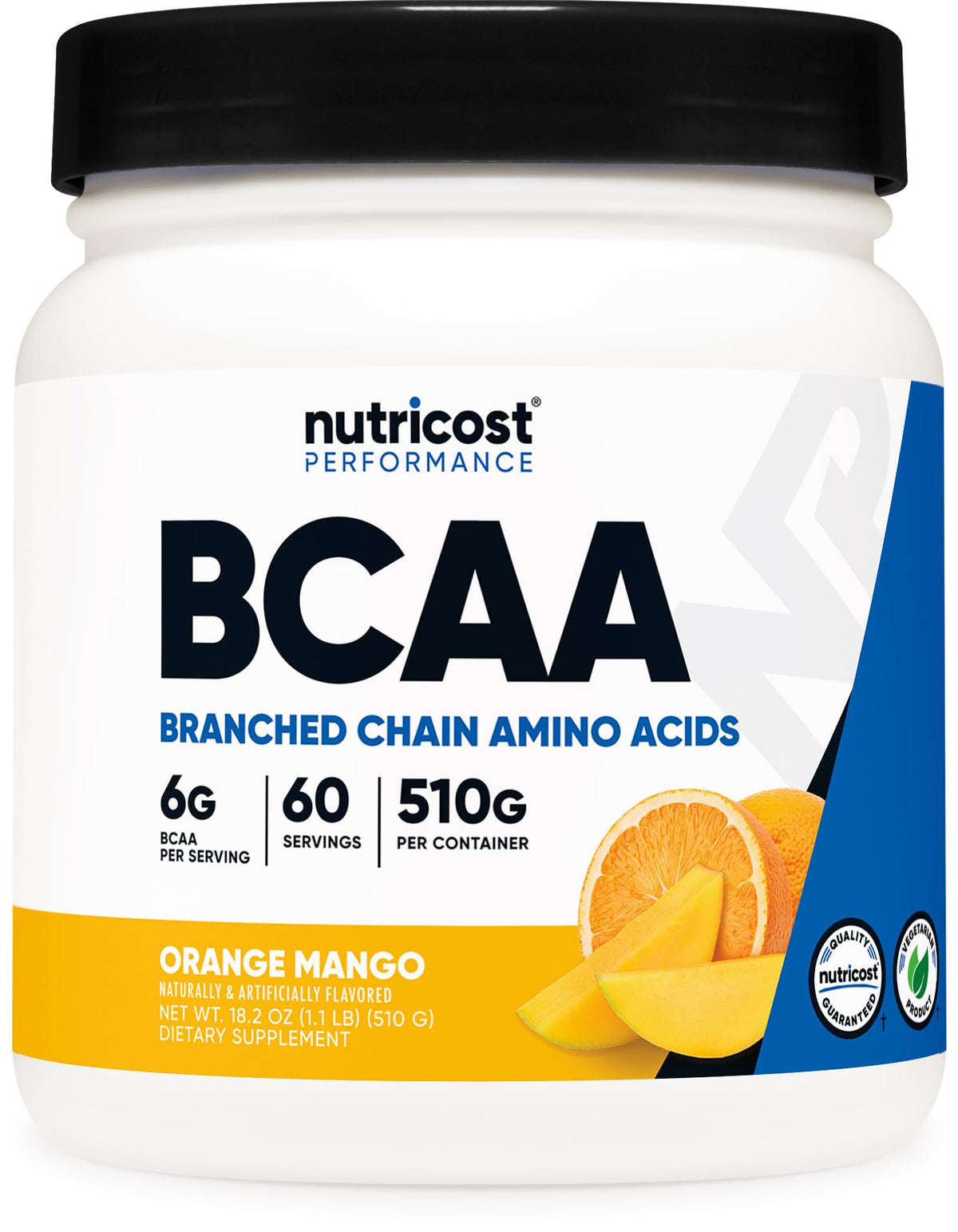 Nutricost BCAA Orange Mango sur flacon avec dosage facile