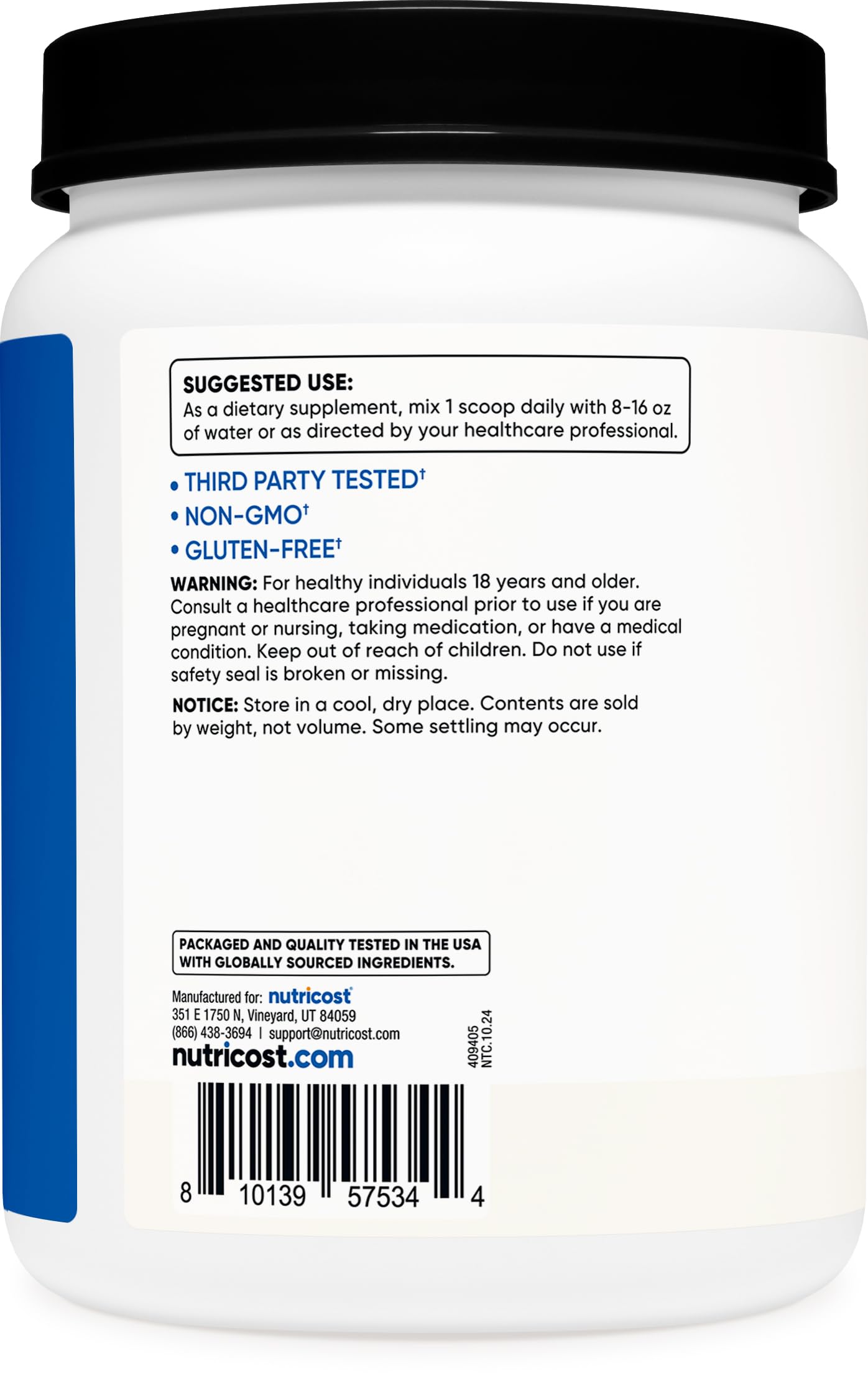 Nutricost BCAA Poudre – vue rapprochée de la poudre fine, dissolution rapide.