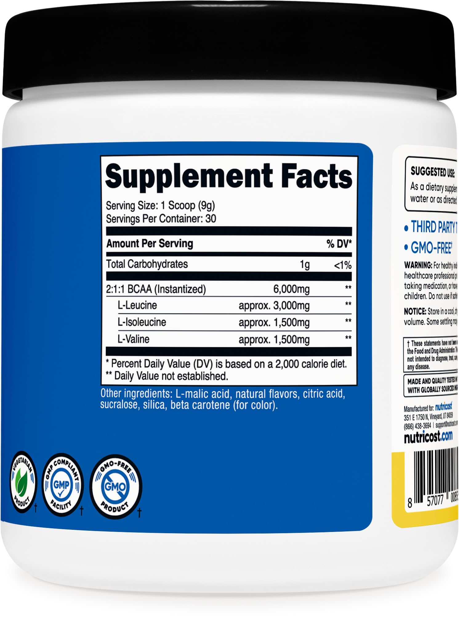 Nutricost BCAA Poudre Ananas, usine conforme GMP et sécurité qualité