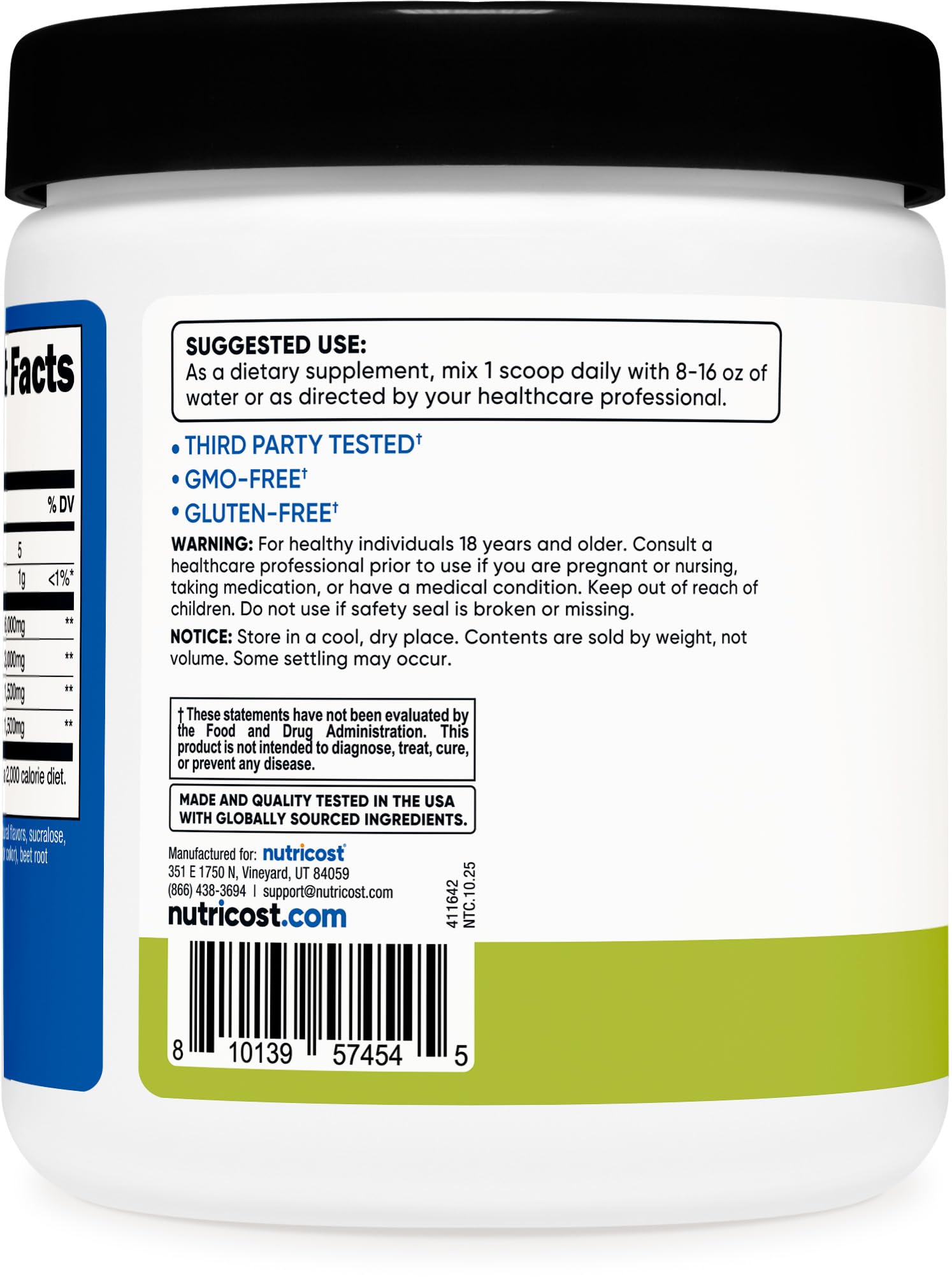 Nutricost BCAA Peach Pear — étiquette claire du flacon facilitant le suivi des ingrédients.