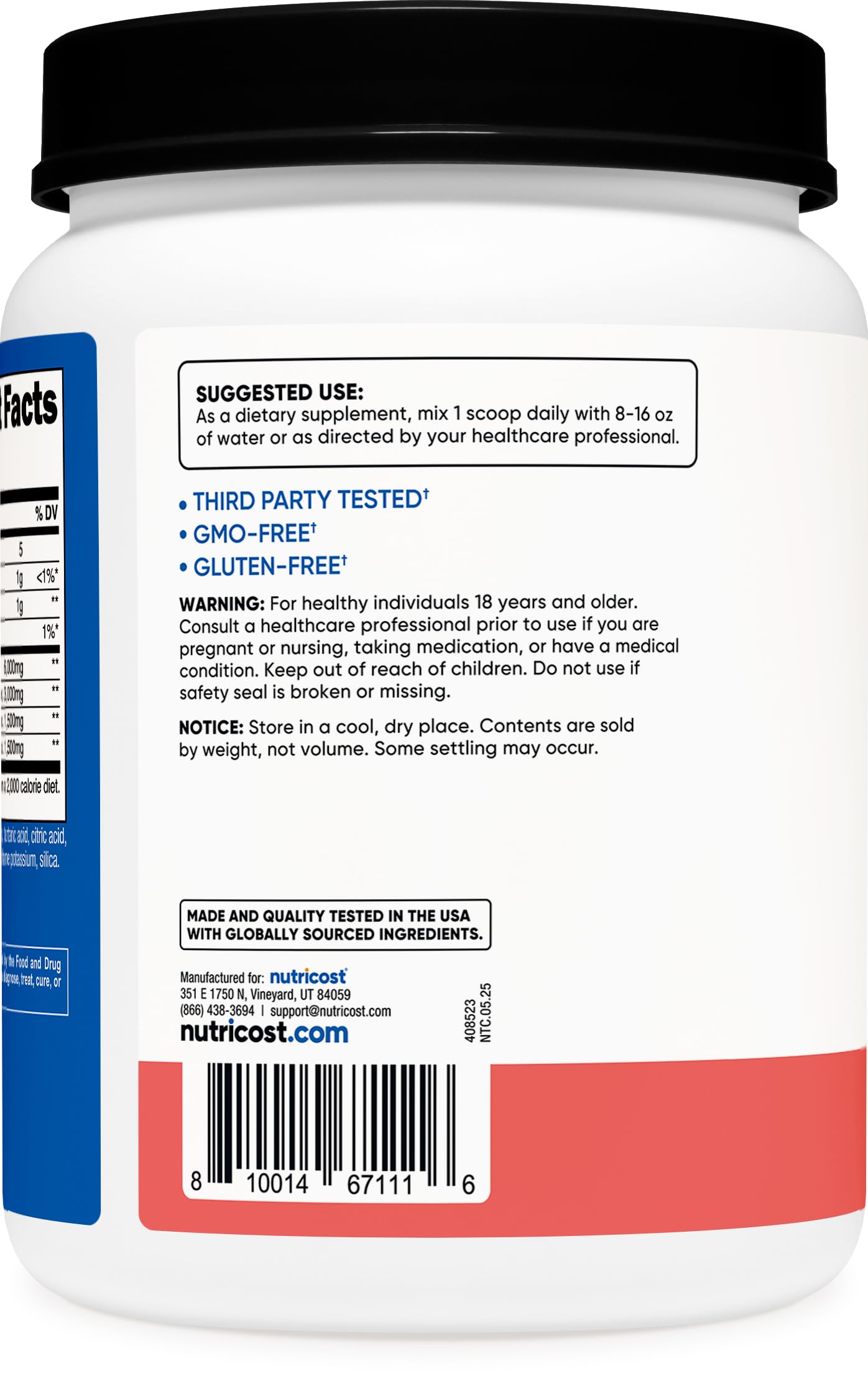 Étiquette Nutricost BCAA Watermelon, sans gluten et sans OGM.