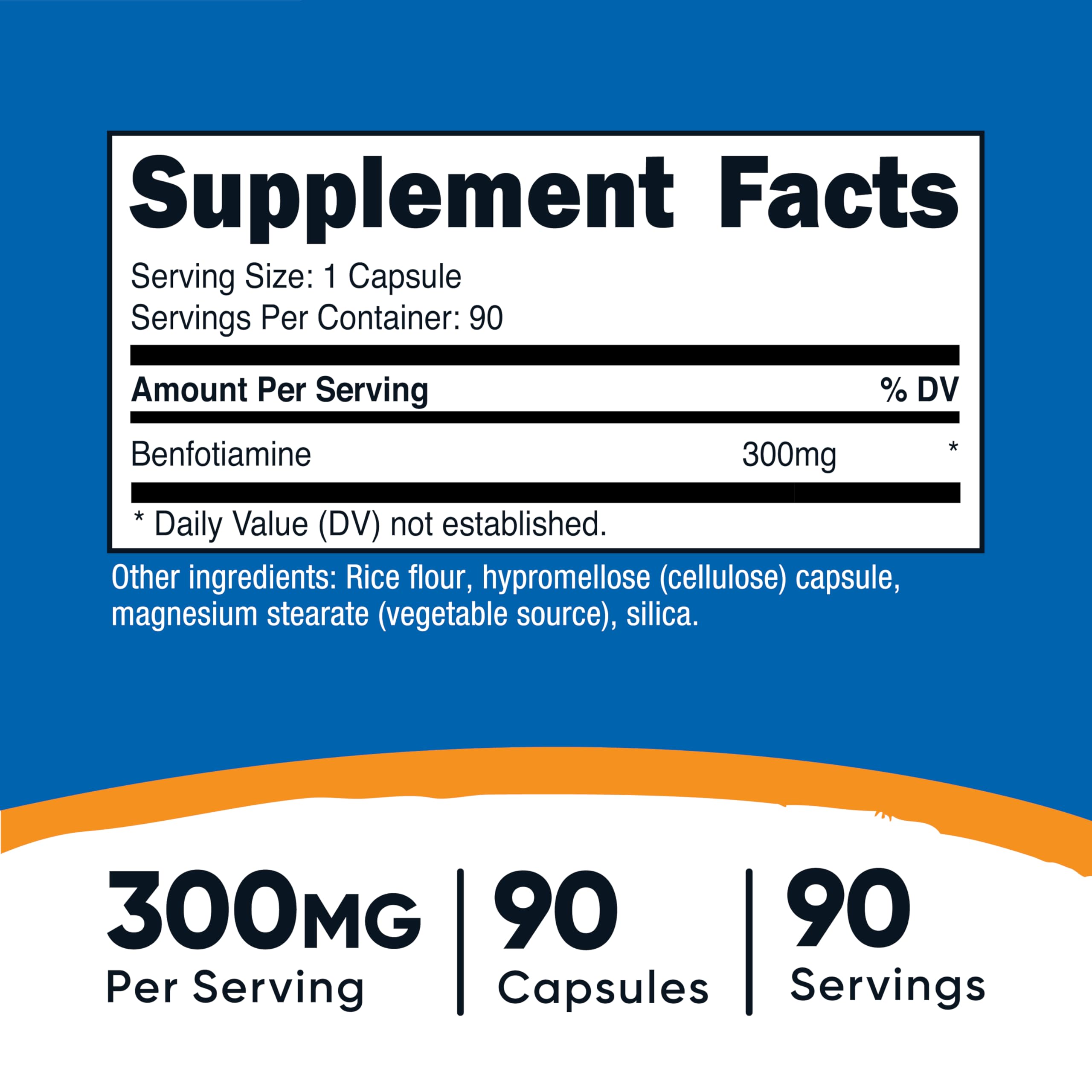 Nutricost Benfotiamine 300 mg — bouteille 90 capsules, adaptée aux régimes végétariens.