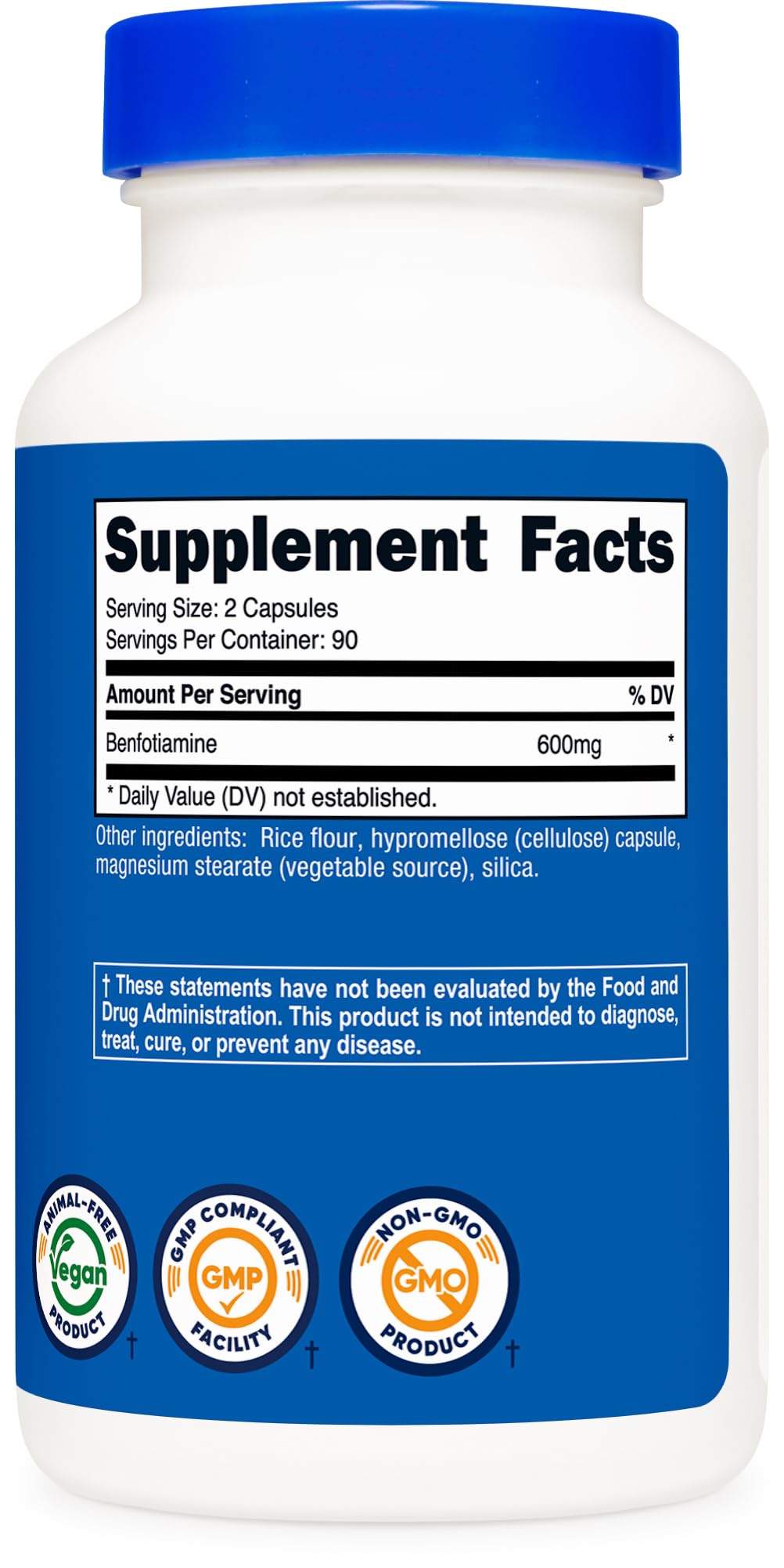 Nutricost Benfotiamine 600 mg – étiquette claire indiquant dosage et utilisation pratique.