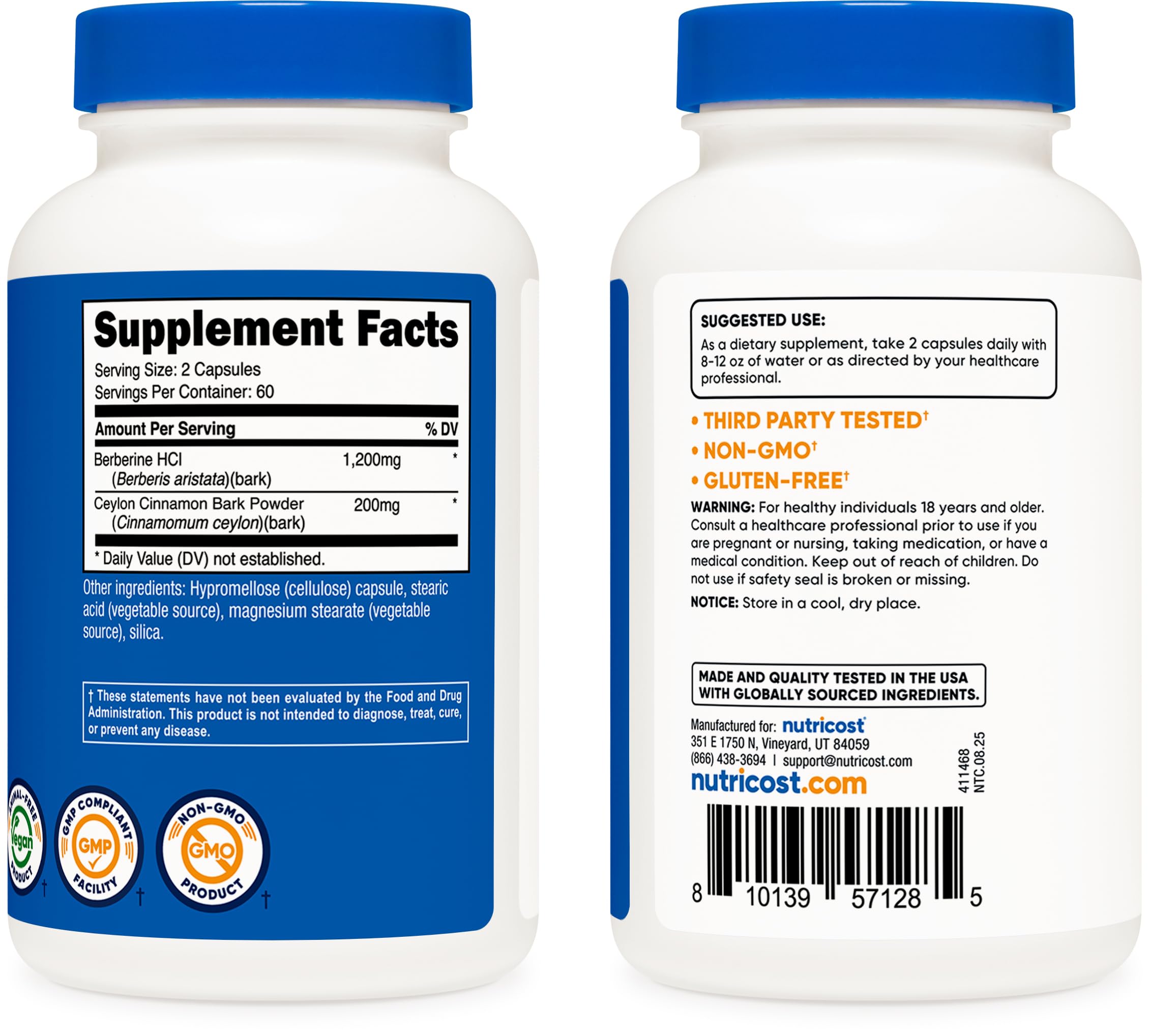 Nutricost Berberine HCl Cannelle - bouteille prête à l'intégration dans la routine.