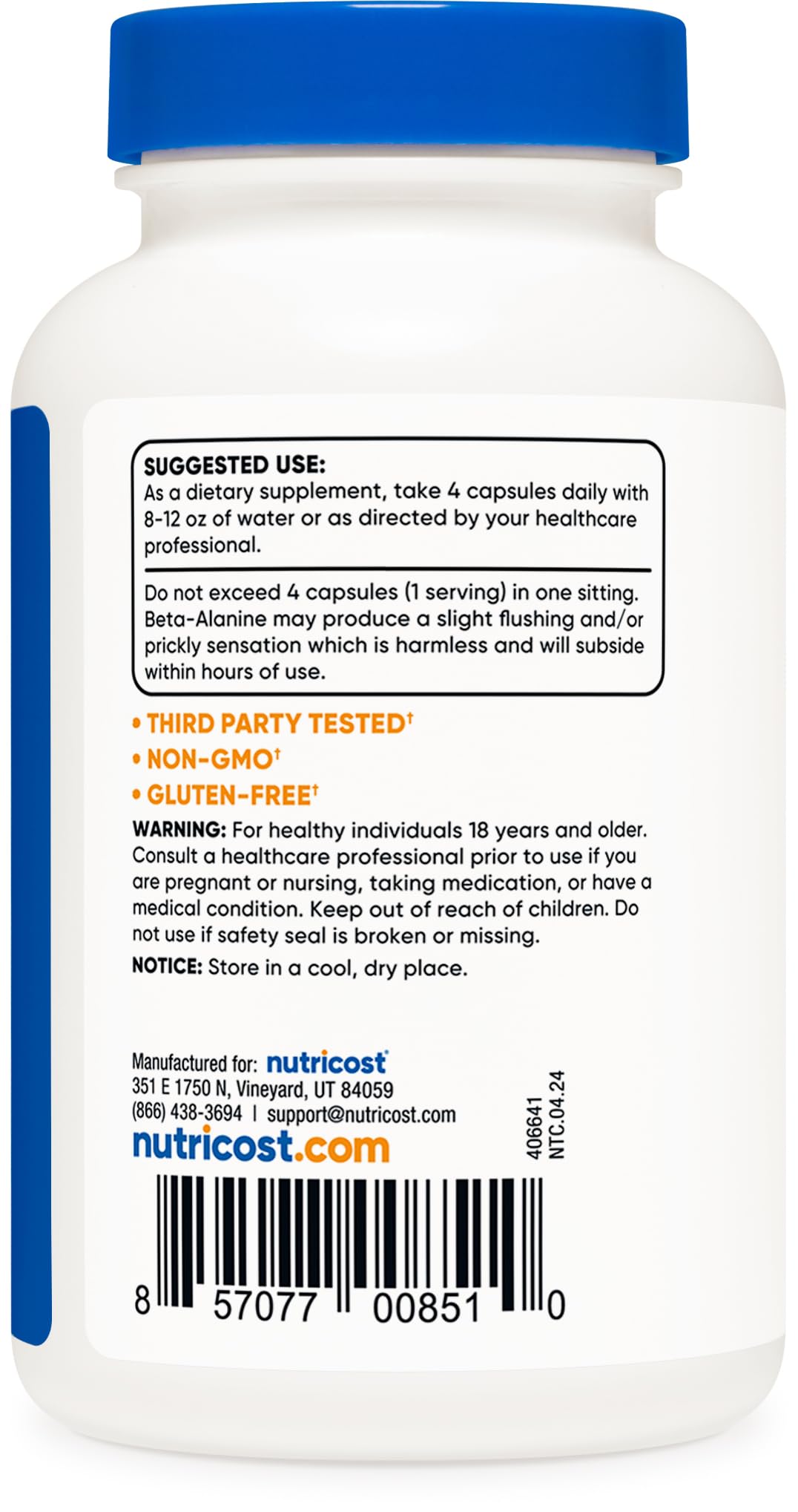 Nutricost Beta-Alanine, emballage qualité, fabrication GMP et FDA