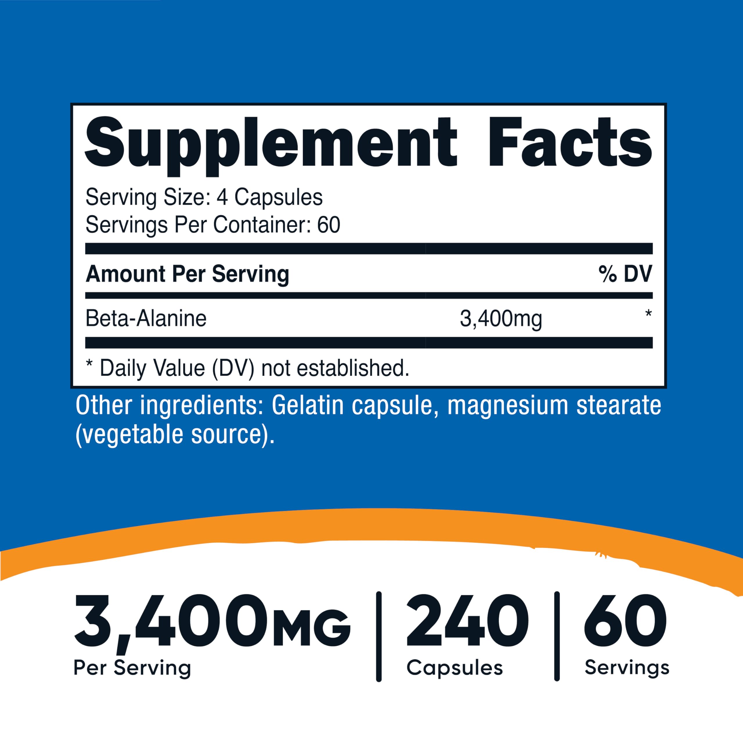 Étiquette Nutricost Beta-Alanine avec dosage clair et traçabilité.