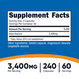 Étiquette Nutricost Beta-Alanine avec dosage clair et traçabilité.