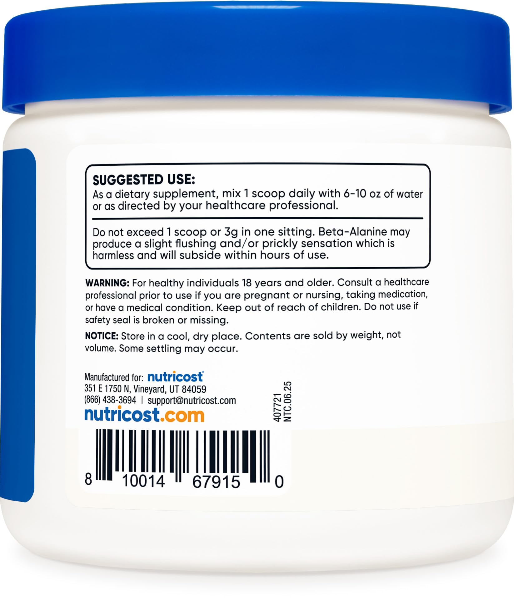 Nutricost bêta-alanine – emballage étiqueté pour traçabilité et sécurité.