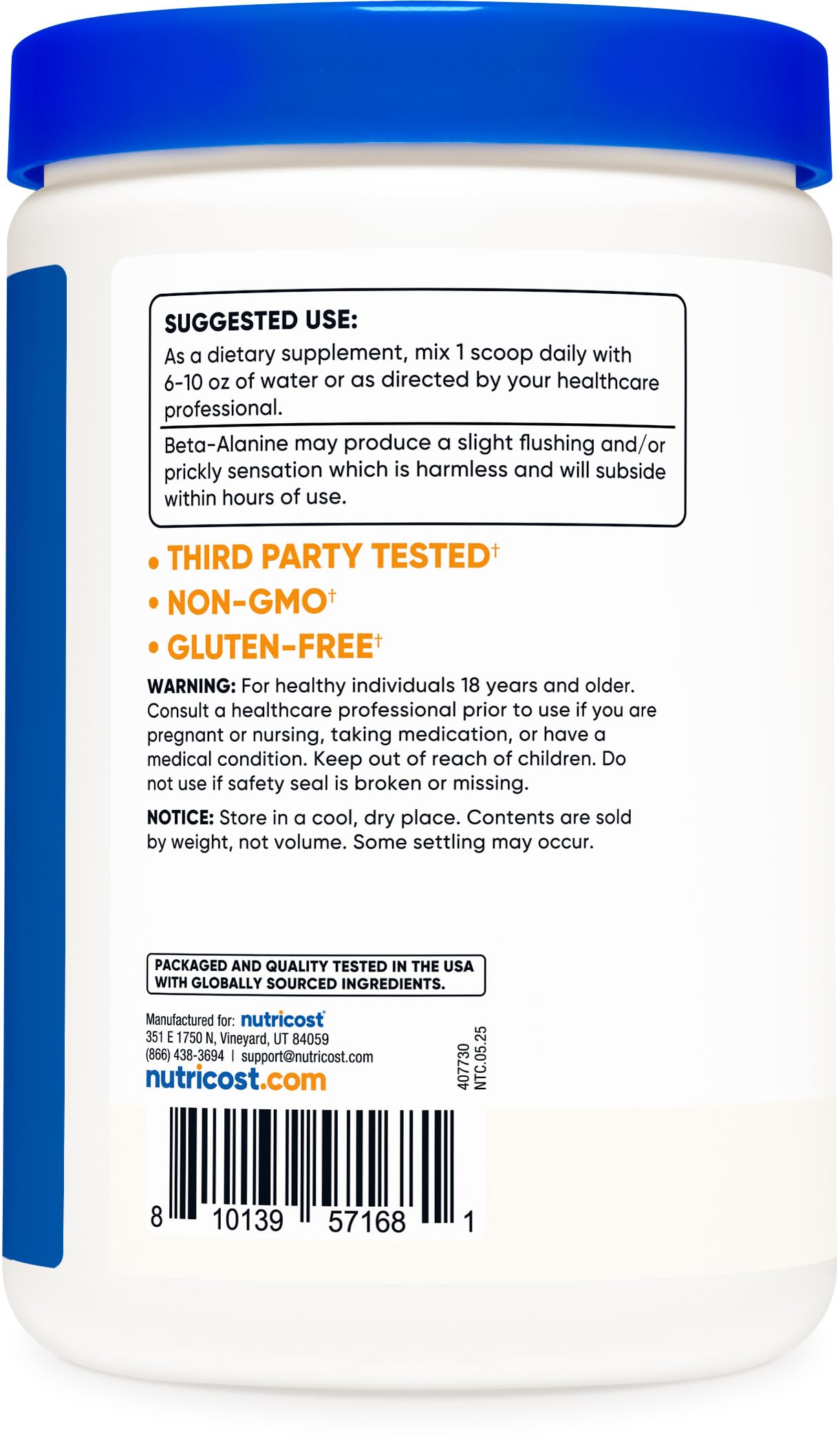 Formule végétarienne et sans gluten Nutricost bêta-alanine