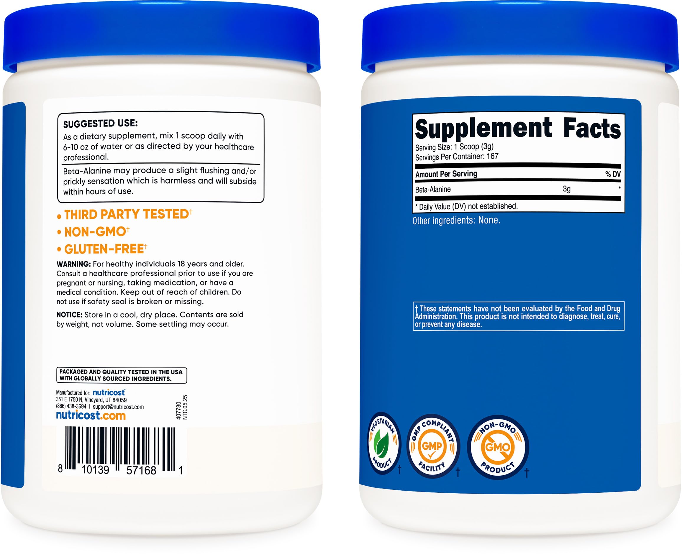 Fabriqué dans une installation certifiée NSF et GMP avec Nutricost bêta-alanine