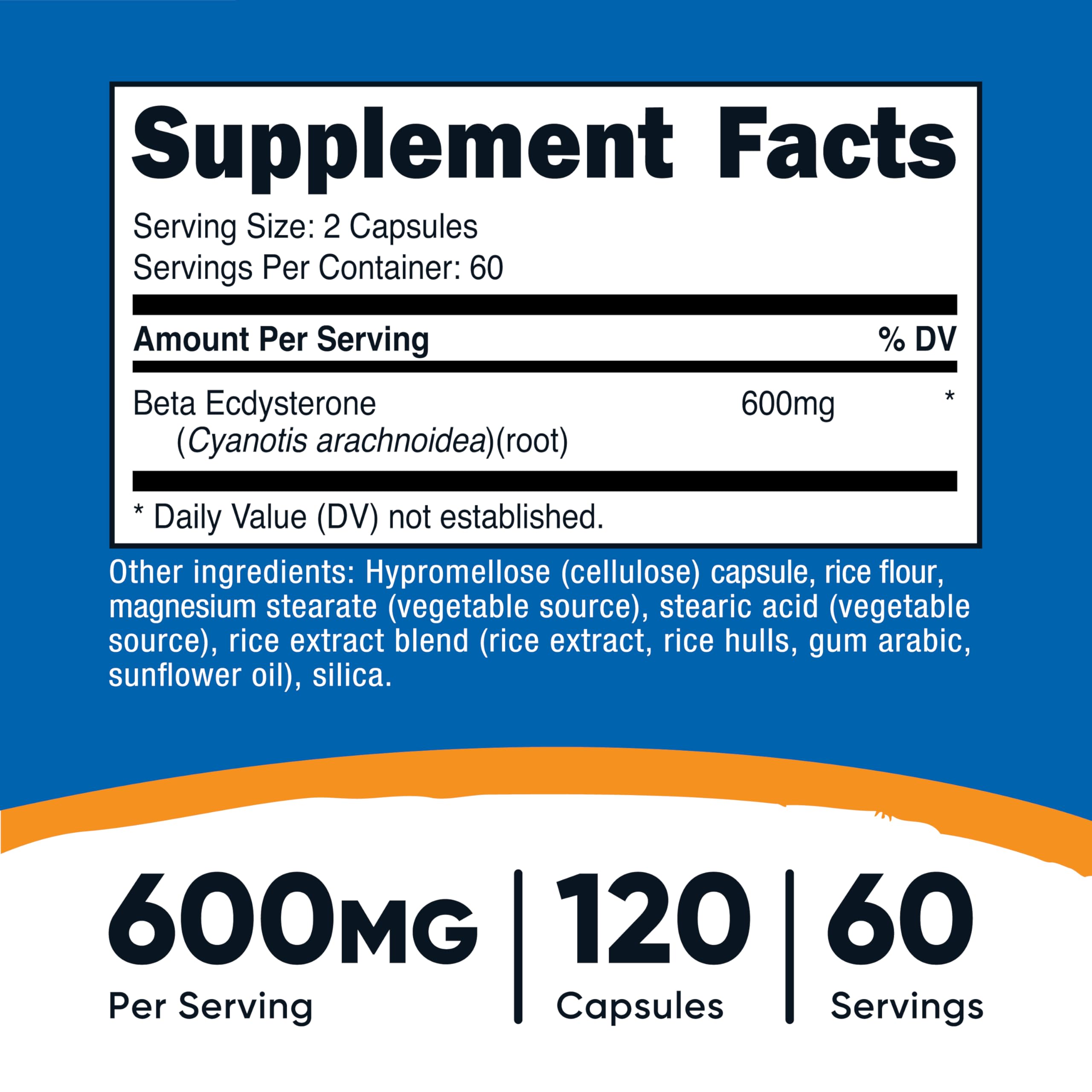 Nutricost Beta Ecdysterone 600mg – etiquette affiche les ingrédients sans OGM et gluten.
