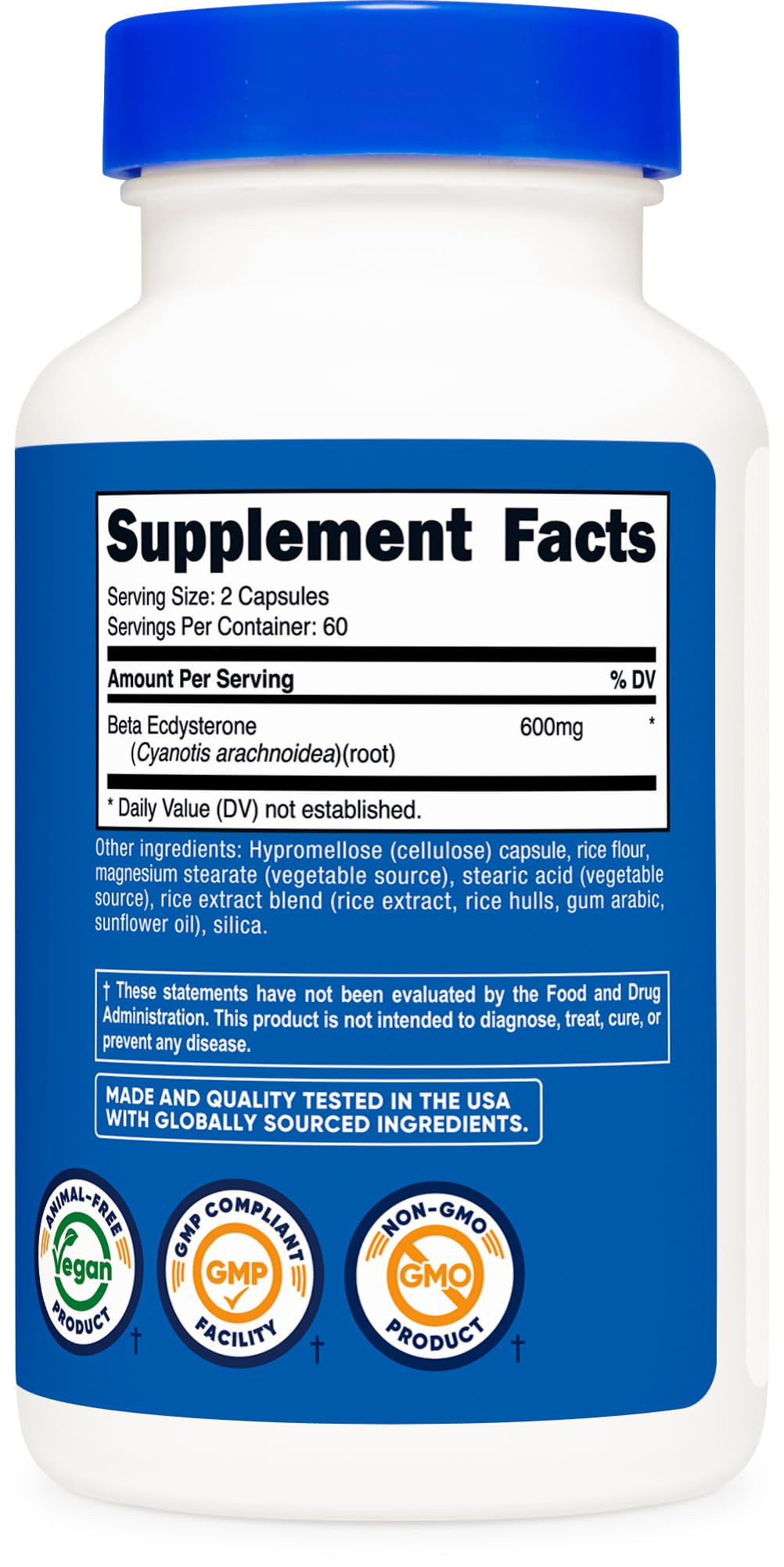 Nutricost Beta Ecdysterone 600mg – gros plan montrant les capsules et texture.