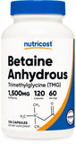 Nutricost bétaïne anhydre – bouteille de 60 portions, dosage 750 mg par capsule