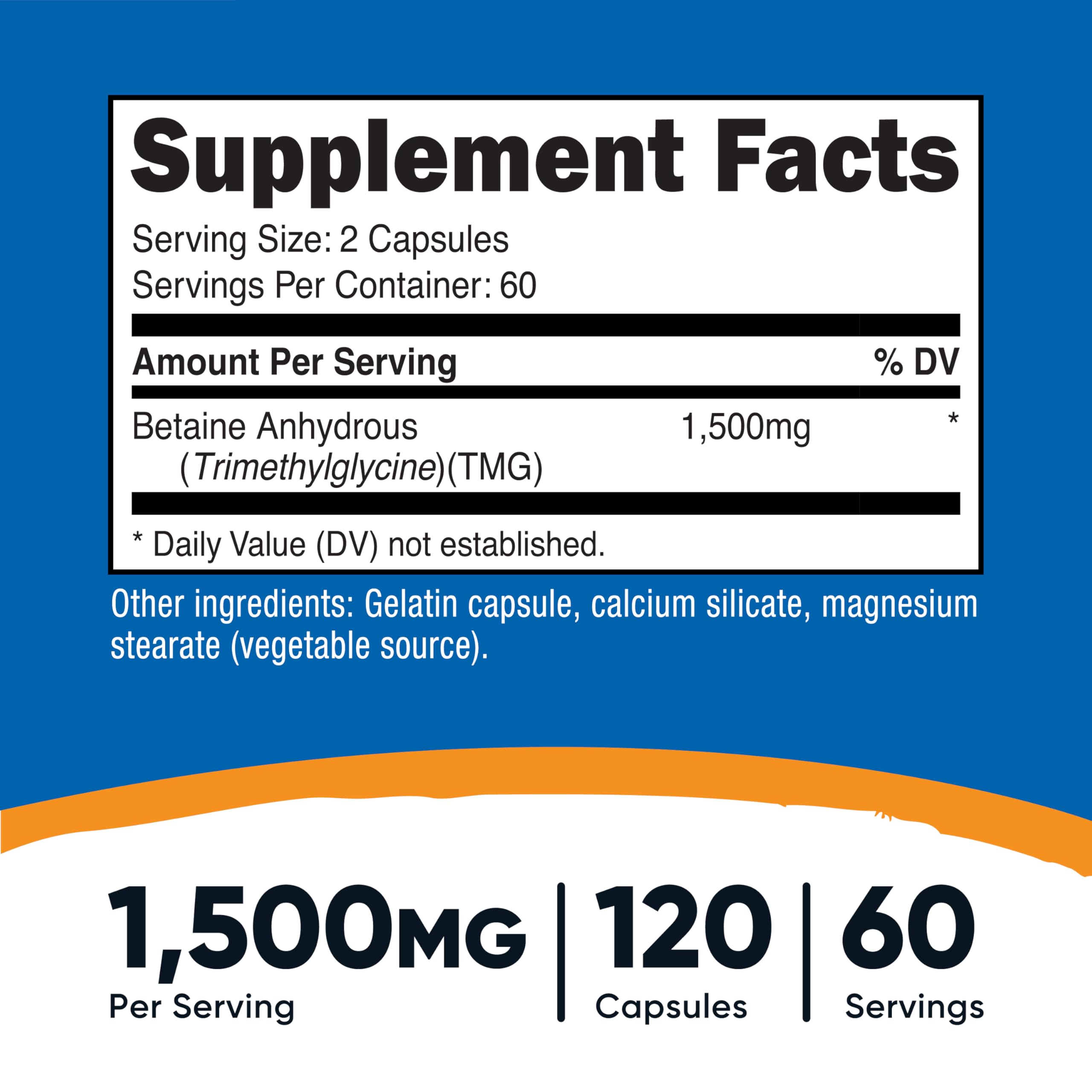 Capsules Nutricost bétaïne anhydre – dosage total 1500 mg par portion
