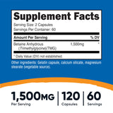 Capsules Nutricost bétaïne anhydre – dosage total 1500 mg par portion