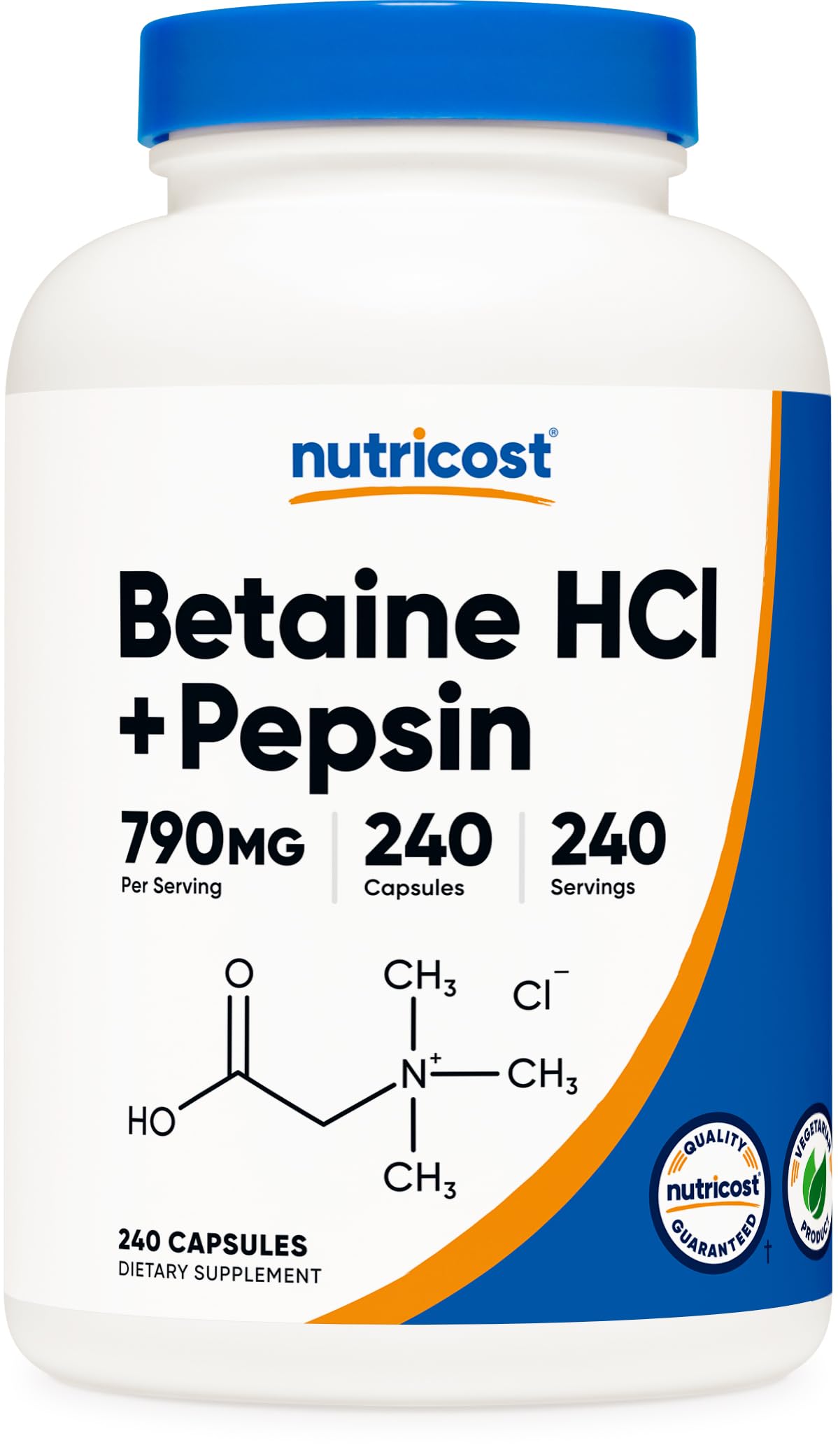 Nutricost Betaïne HCl Pepsine, bouteille, soutien digestif potentiel après les repas.
