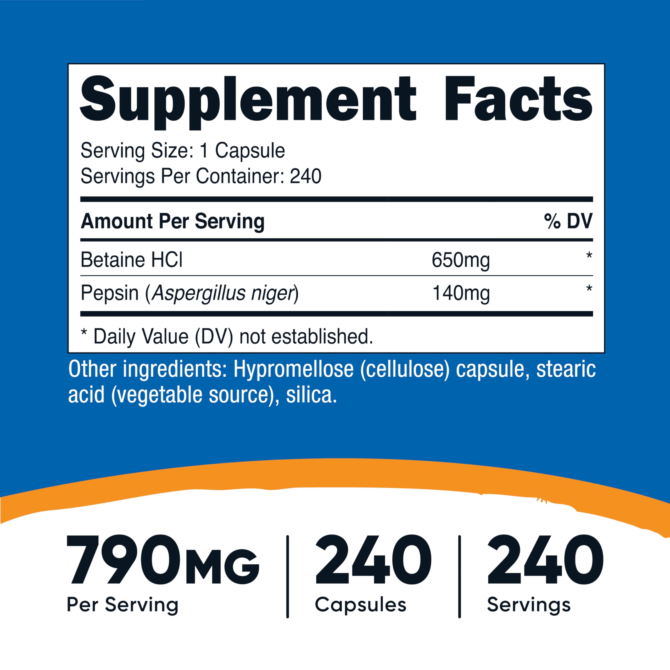 Nutricost Betaïne HCl Pepsine, gélules végétales: capsules faciles à avaler pour une utilisation pratique.