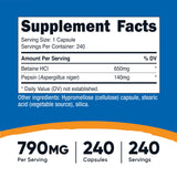 Nutricost Betaïne HCl Pepsine, gélules végétales: capsules faciles à avaler pour une utilisation pratique.