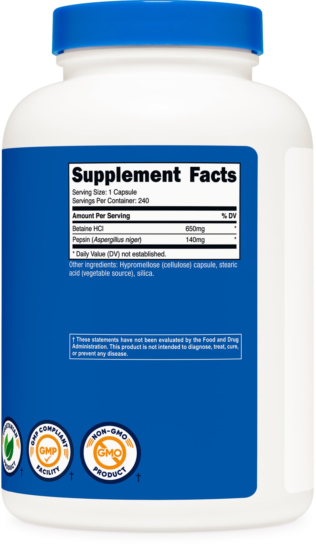 Nutricost Betaïne HCl Pepsine, étiquette ISO, contrôle indépendant de qualité.