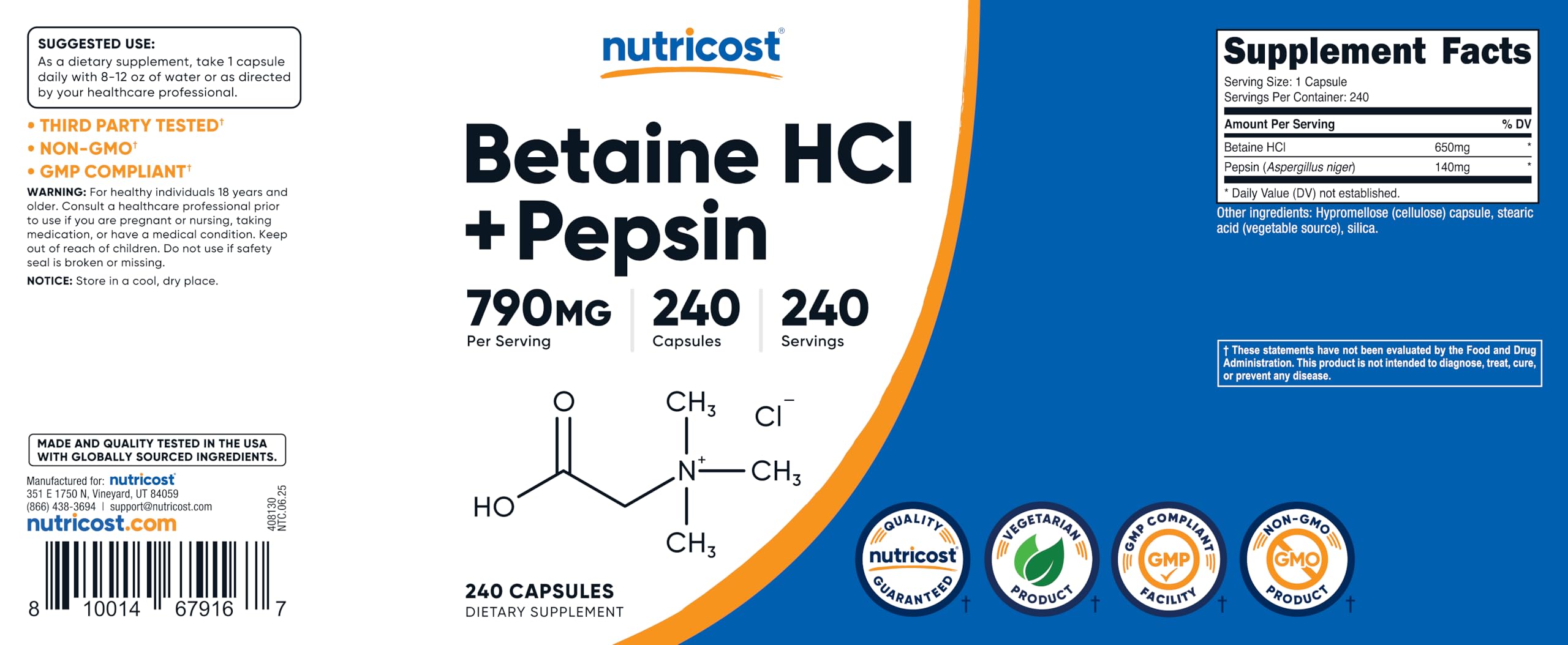 Nutricost Betaïne HCl Pepsine, sans soja, option végétarienne possible.
