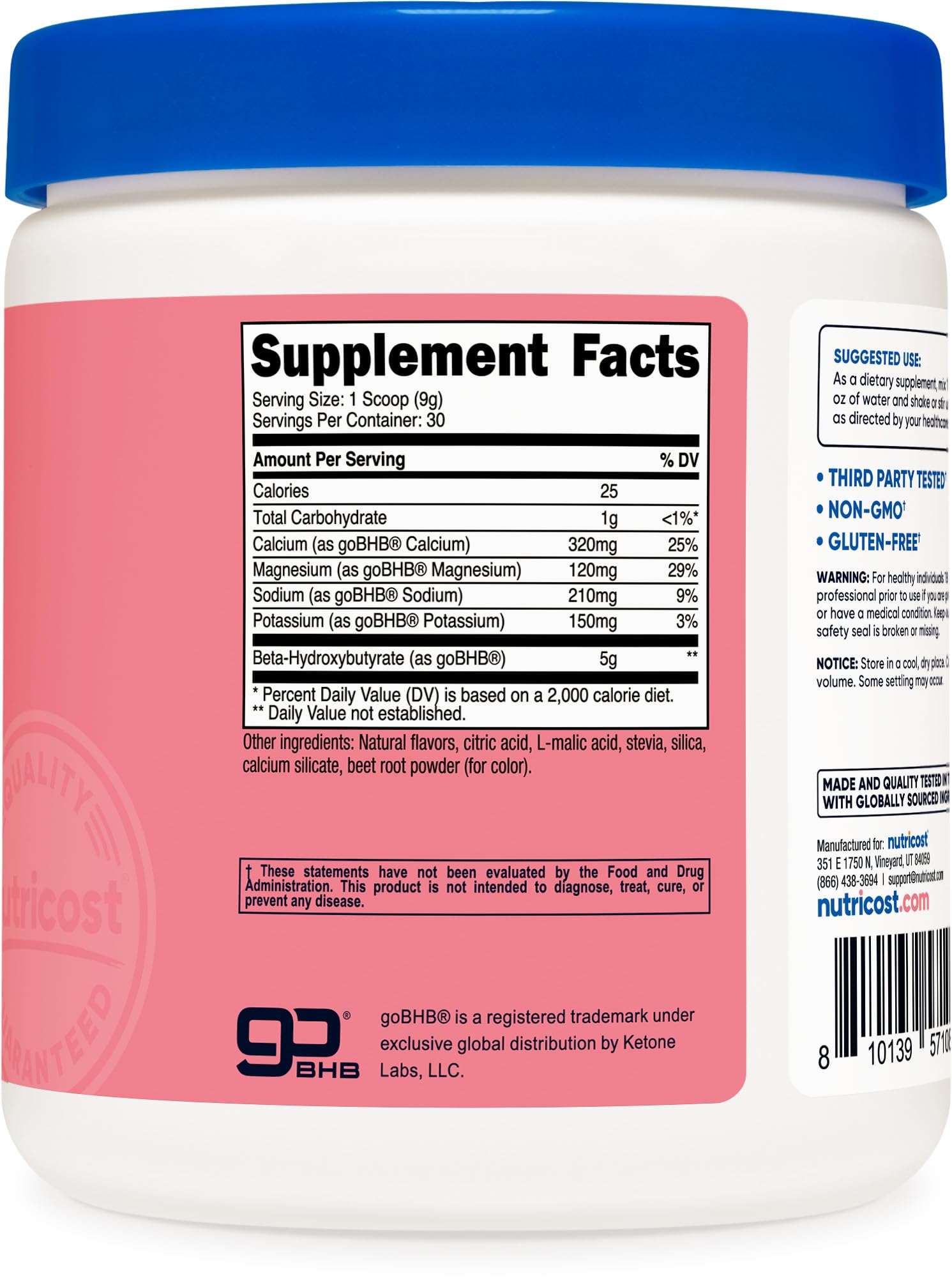Nutricost BHB Sels Boisson, dosage 5 g par portion, préparation rapide.