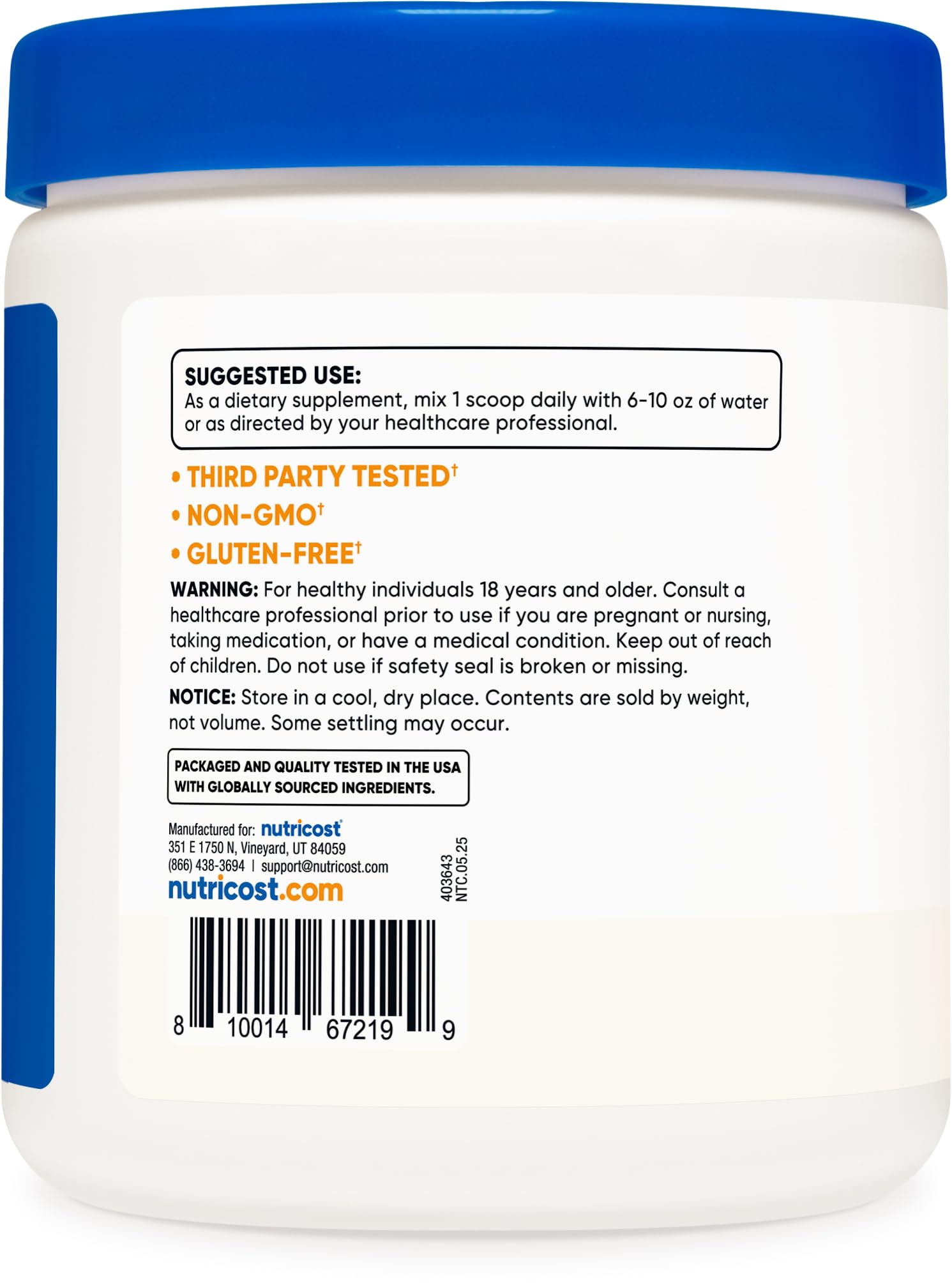 Étiquette Nutricost bicarbonate de potassium indiquant sans gluten et sans OGM.