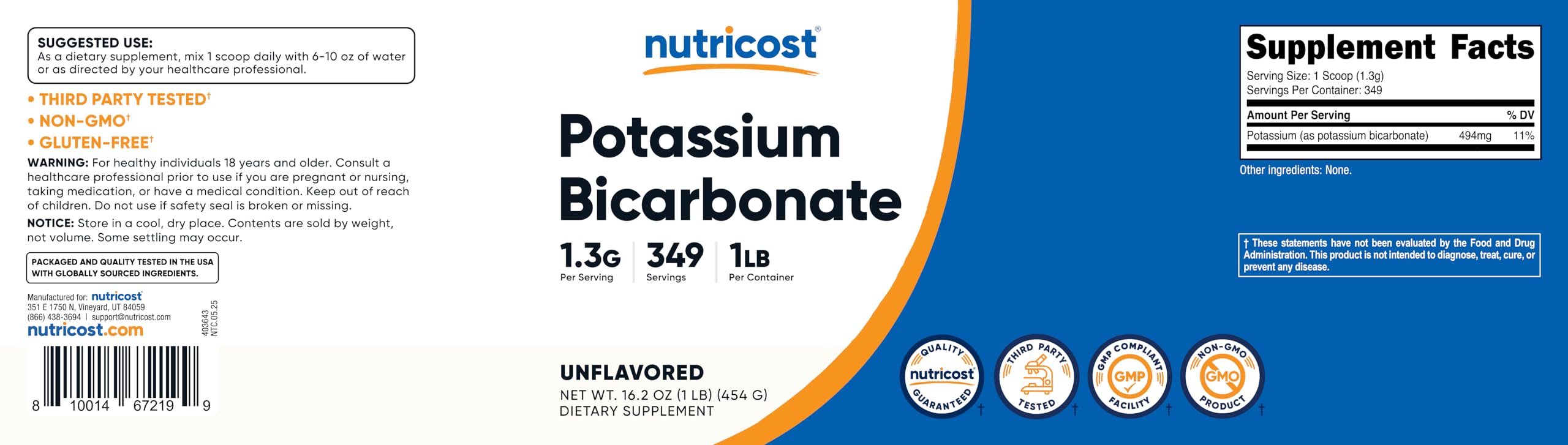 Potassium Bicarbonate Nutricost rangé dans le placard, prêt à cuisiner.