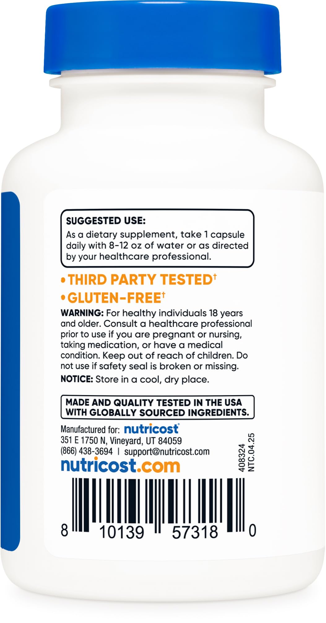 Nutricost Bioperine contrôle qualité GMP sur l'emballage.