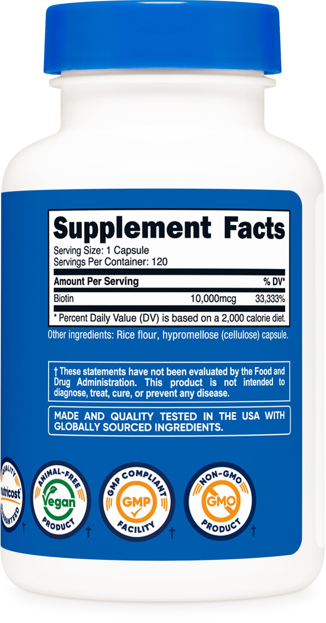 Nutricost Biotine emballage végan sans gluten, adapté au régime.