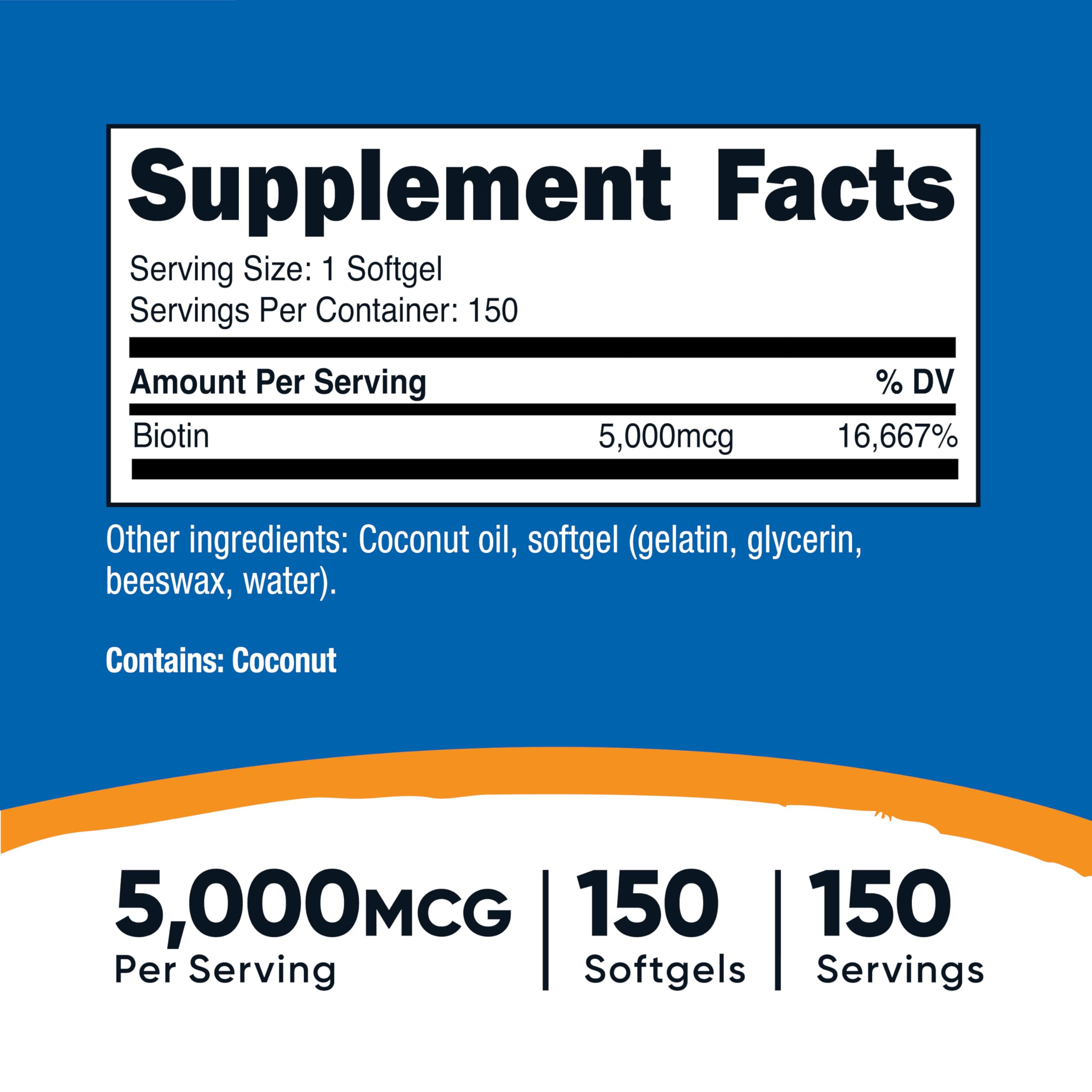 Étiquette Nutricost Biotine 5000 mcg, sans gluten et sans OGM.