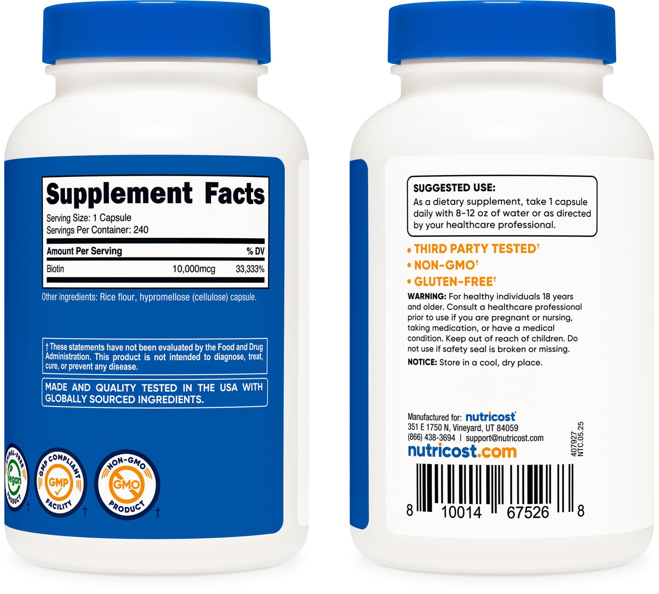 Nutricost Biotine emballage végétarien et sans gluten