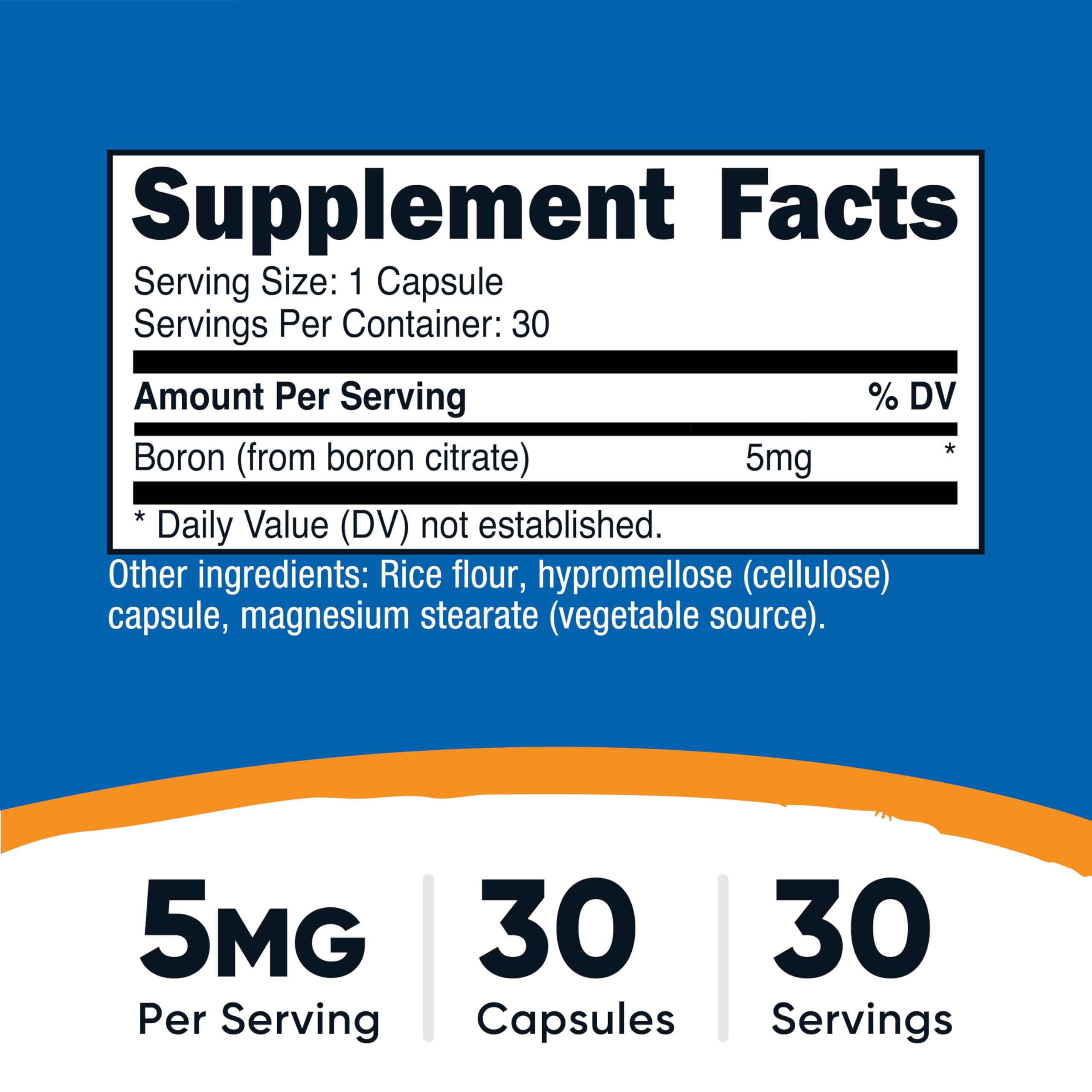 Nutricost Boron 5 mg — etiquette claire, sans gluten et sans OGM.