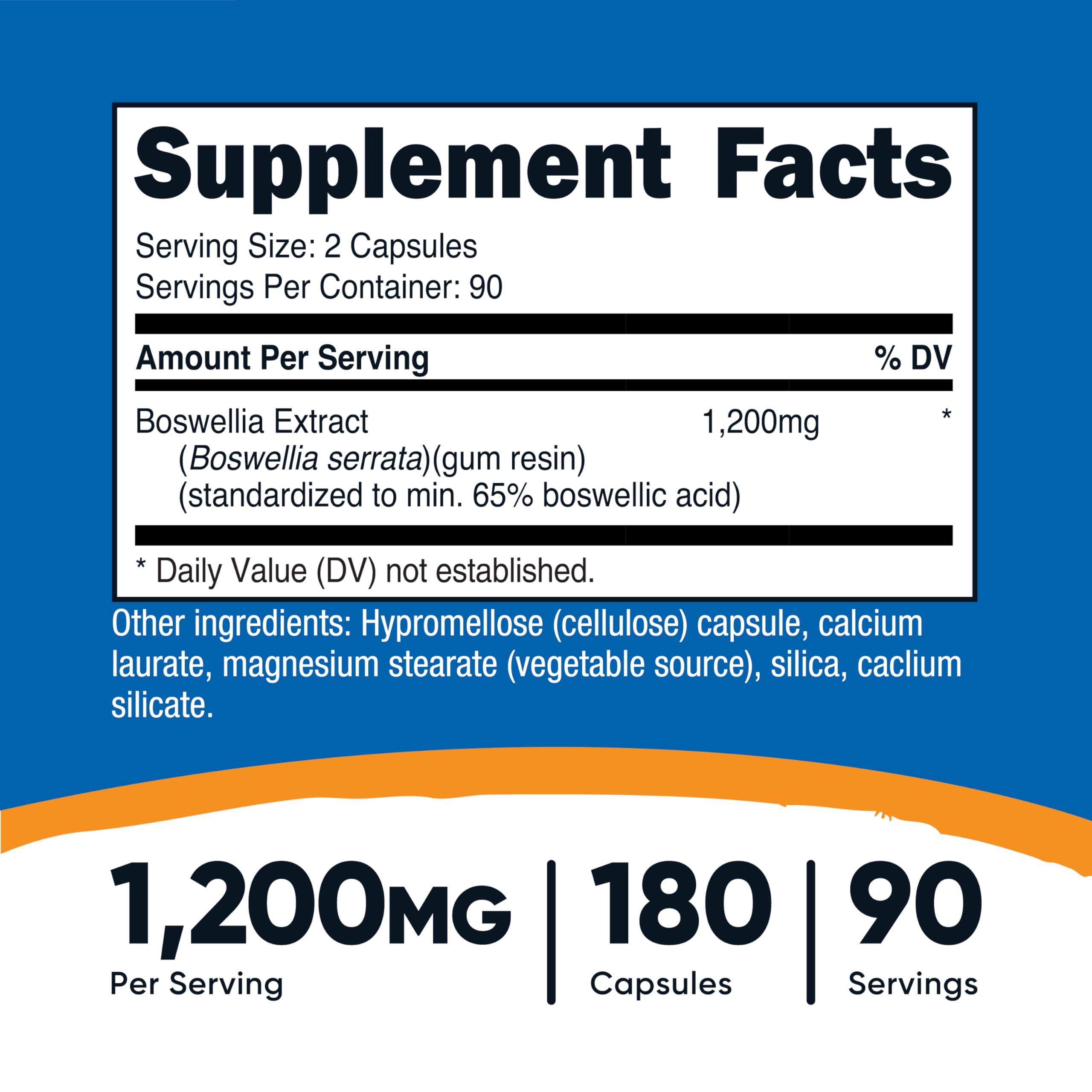 Capsules Nutricost Boswellia dans le flacon, dosage par portion pratique.